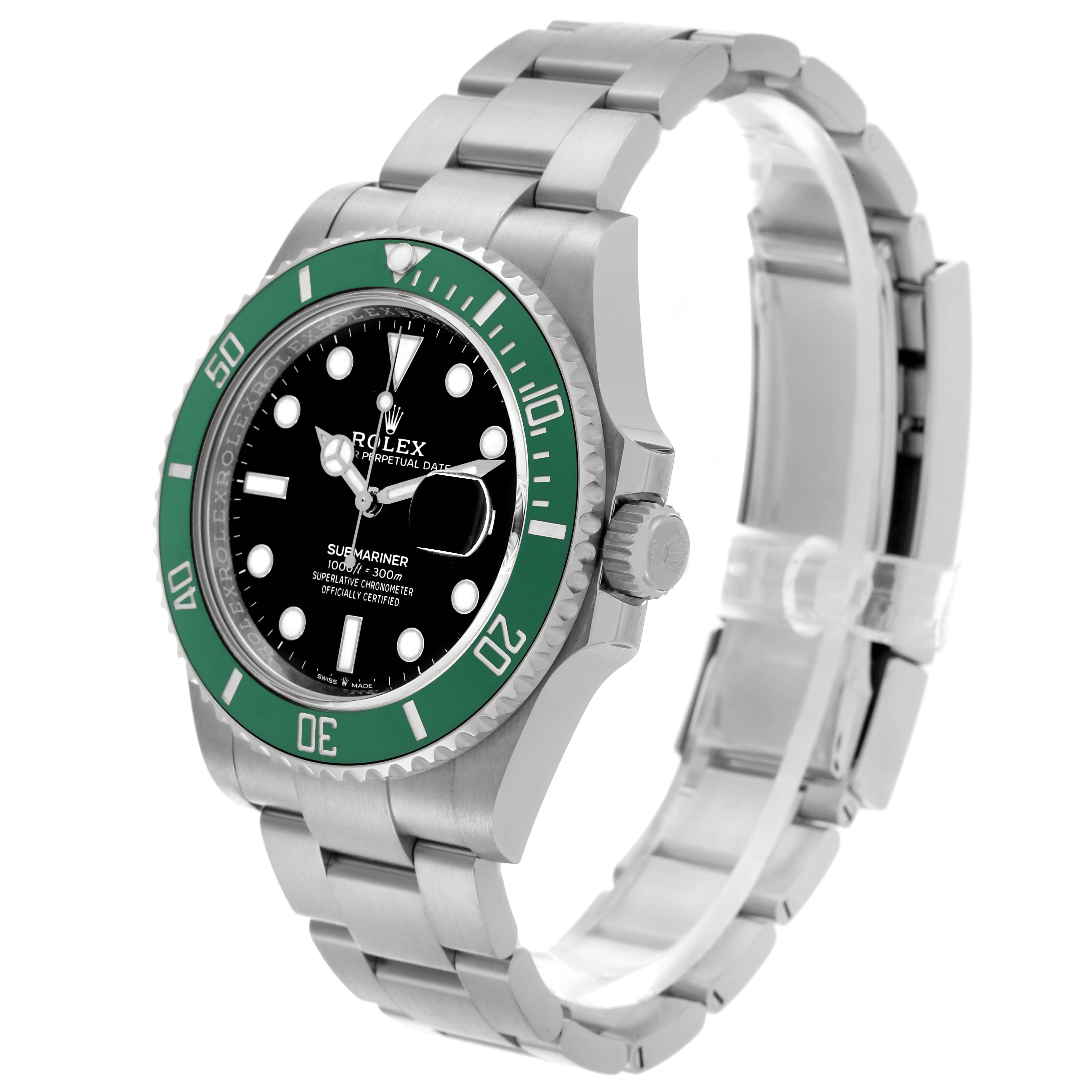 The Rolex Submariner 126610LV Men's Stainless Steel Black Dial 126610LV Men's Stainless Steel Black Dial is shown at an angle displaying the face, bezel, and part of the bracelet.