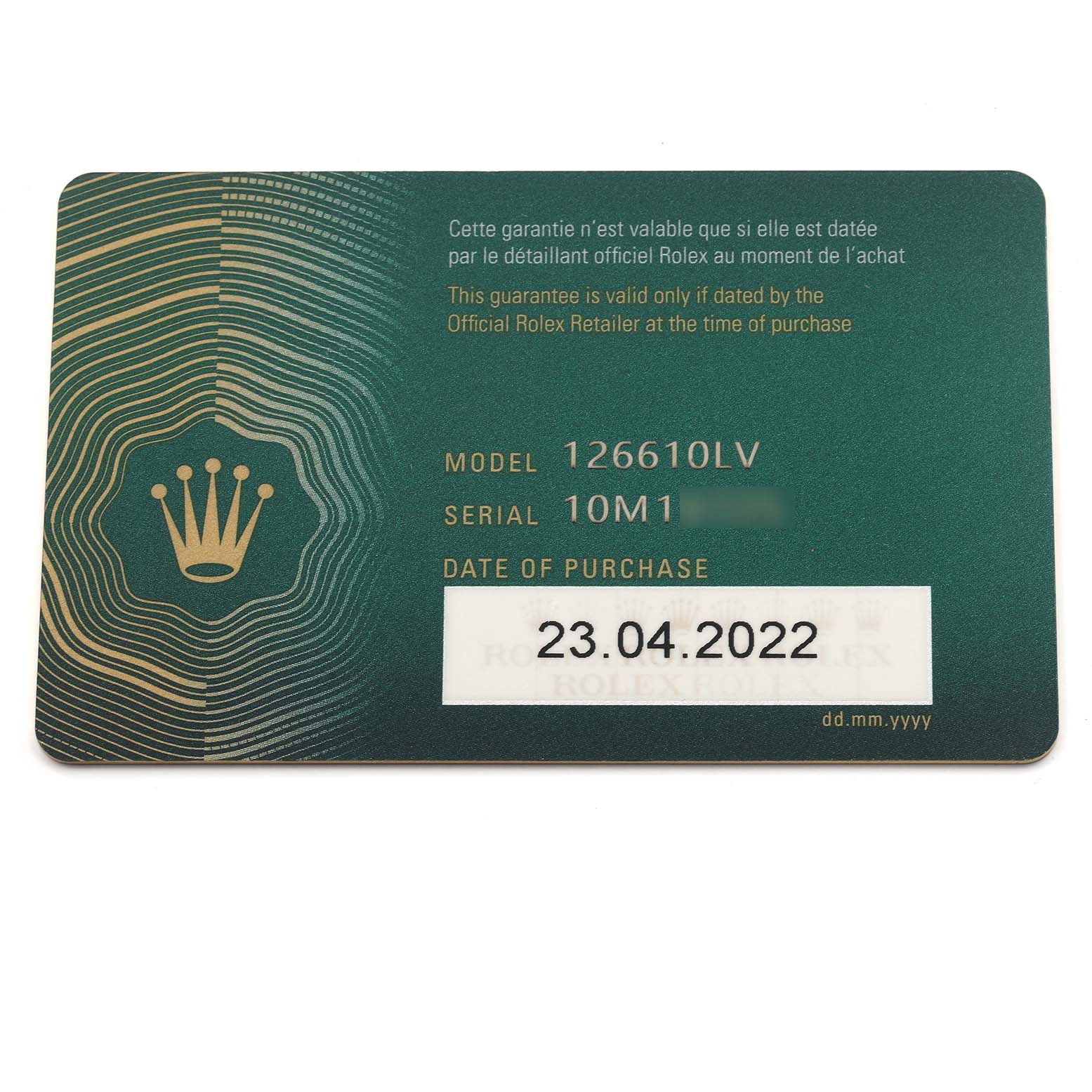 This image shows a warranty card for the Rolex Submariner 126610LV Men's Stainless Steel Black Dial 126610LV Men's Stainless Steel Black Dial, displaying model and serial numbers and the purchase date.