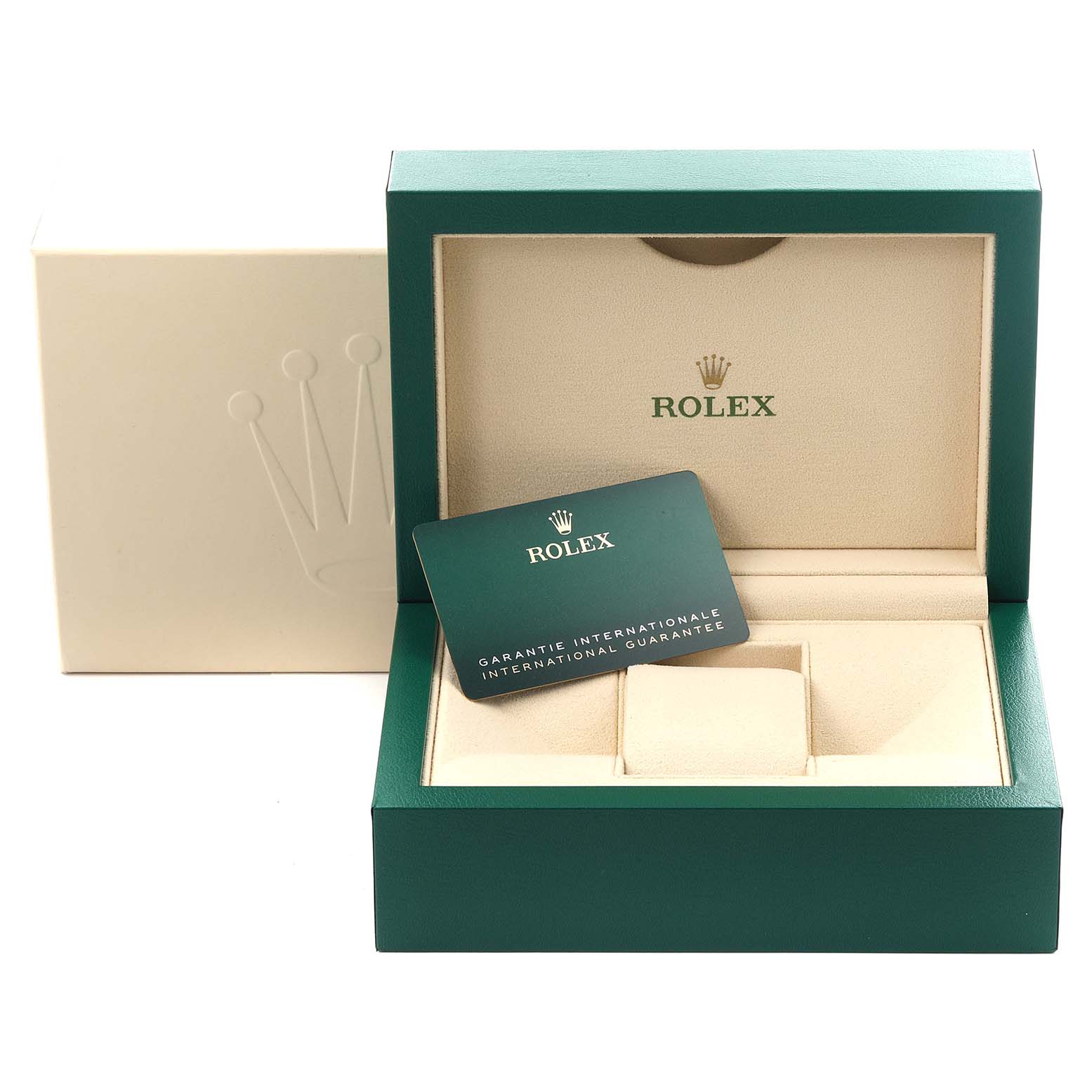The image shows a Rolex Submariner 126610LV Men's Stainless Steel Black Dial 126610LV Men's Stainless Steel Black Dial watch box and warranty card, viewed from the front.