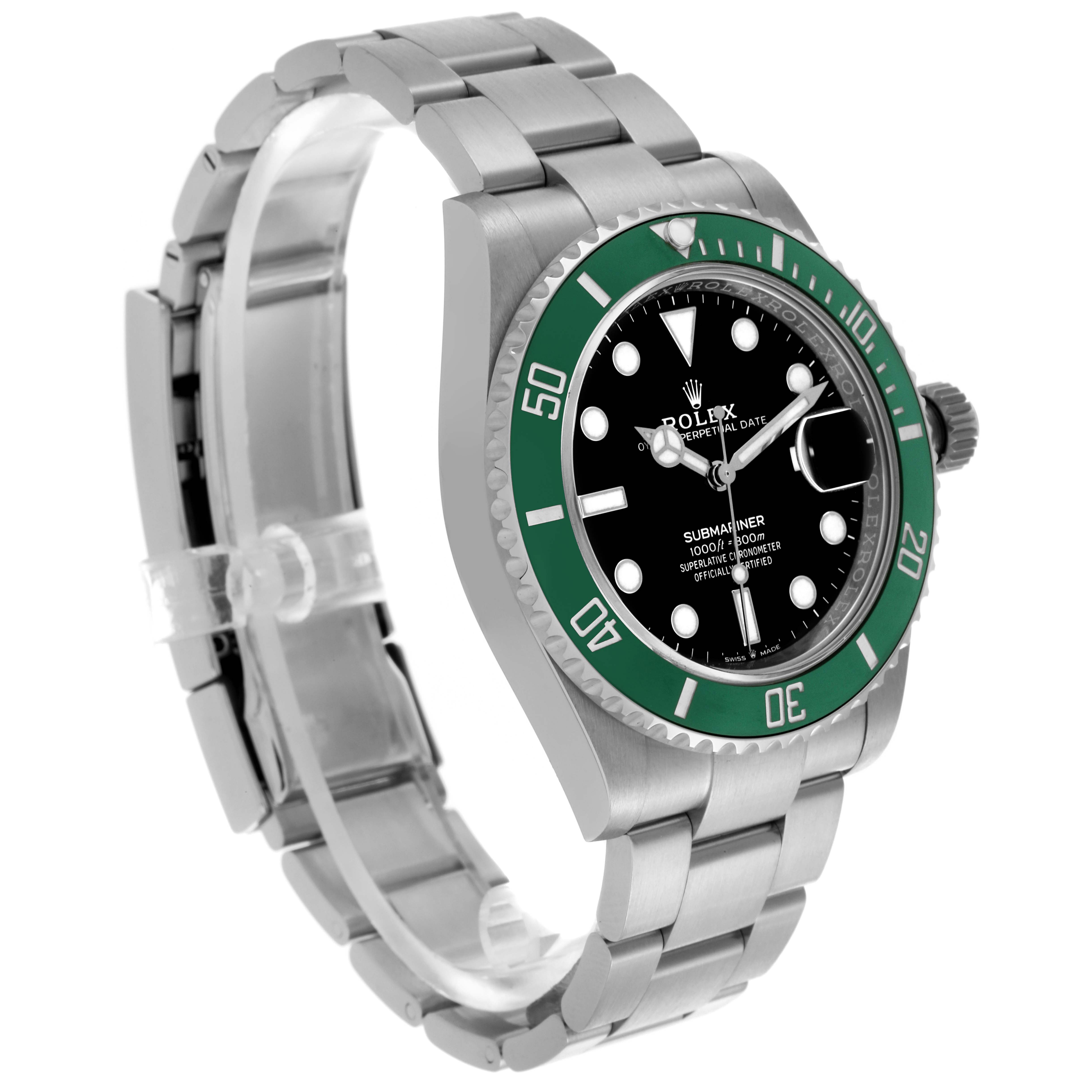 The image shows a side angle of the Rolex Submariner 126610LV Men's Stainless Steel Black Dial 126610LV Men's Stainless Steel Black Dial, featuring the bezel, dial, bracelet, and crown.