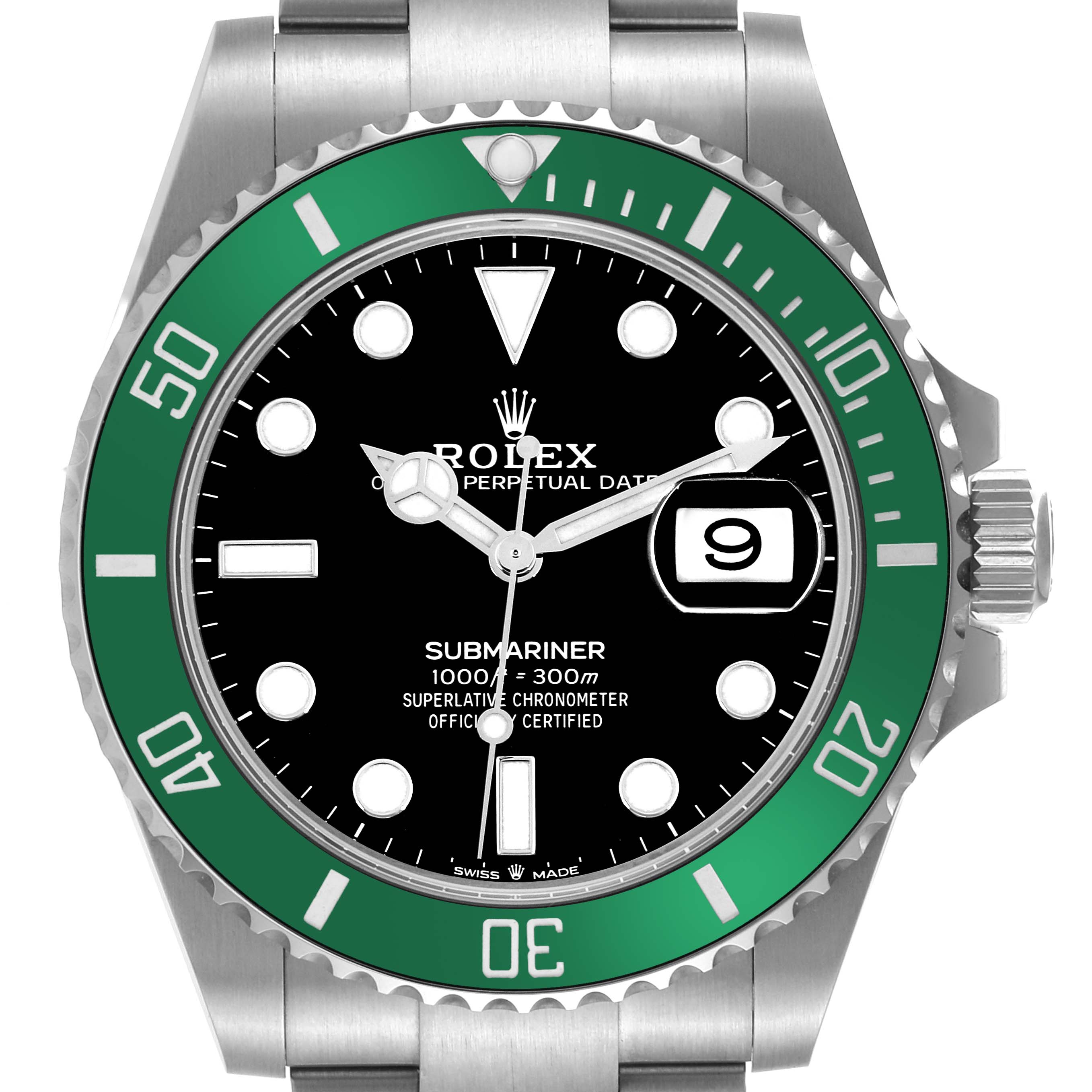 This image shows a front view of the Rolex Submariner 126610LV Men's Stainless Steel Black Dial 126610LV Men's Stainless Steel Black Dial, highlighting the dial, bezel, and partially visible crown.