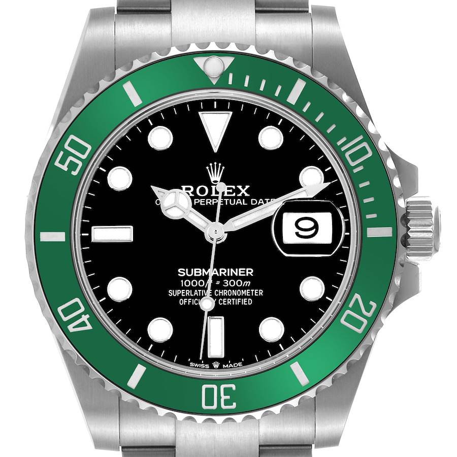 This image shows a front view of the Rolex Submariner, highlighting the dial, bezel, and partially visible crown.