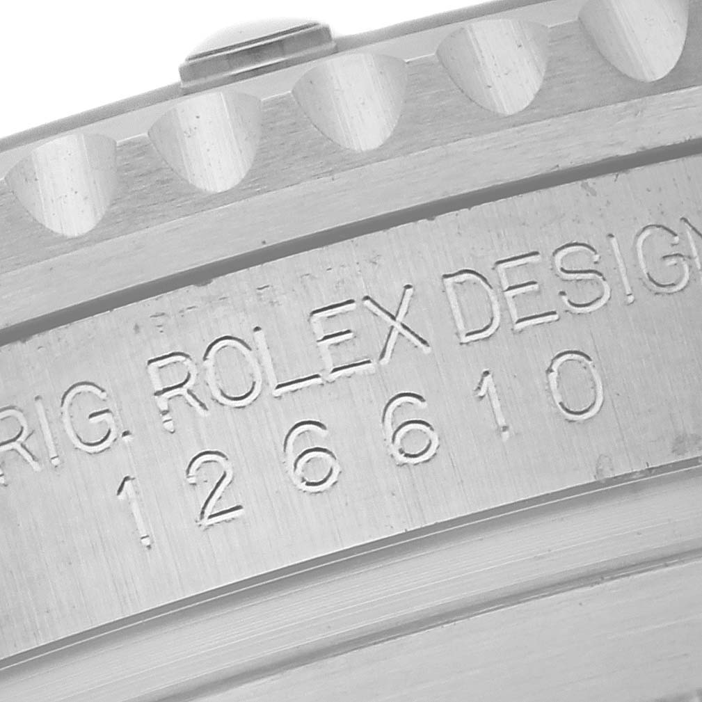 The image shows a close-up of the engraved side of a Rolex Submariner 126610LV Men's Stainless Steel Black Dial 126610LV Men's Stainless Steel Black Dial, highlighting the model number.