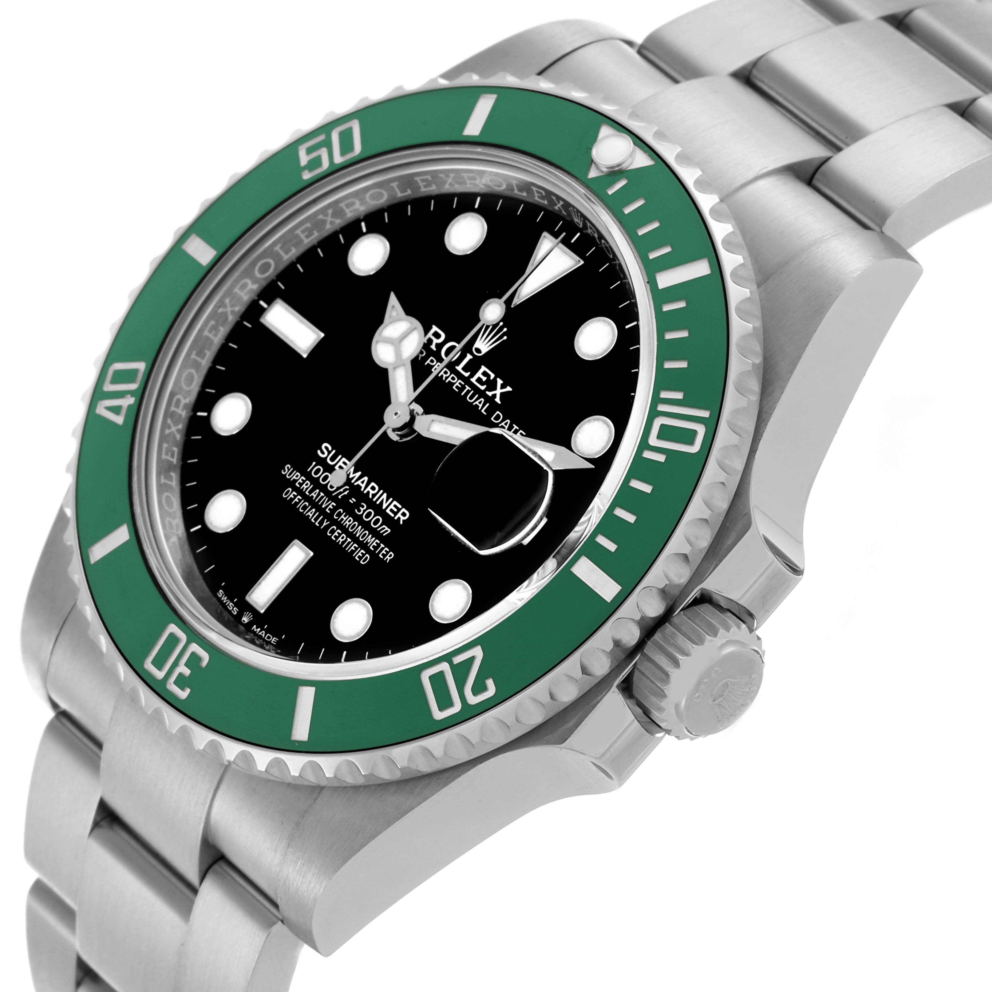 The Rolex Submariner 126610LV Men's Stainless Steel Black Dial 126610LV Men's Stainless Steel Black Dial is shown at an angle highlighting the green bezel, black dial, and stainless steel bracelet.