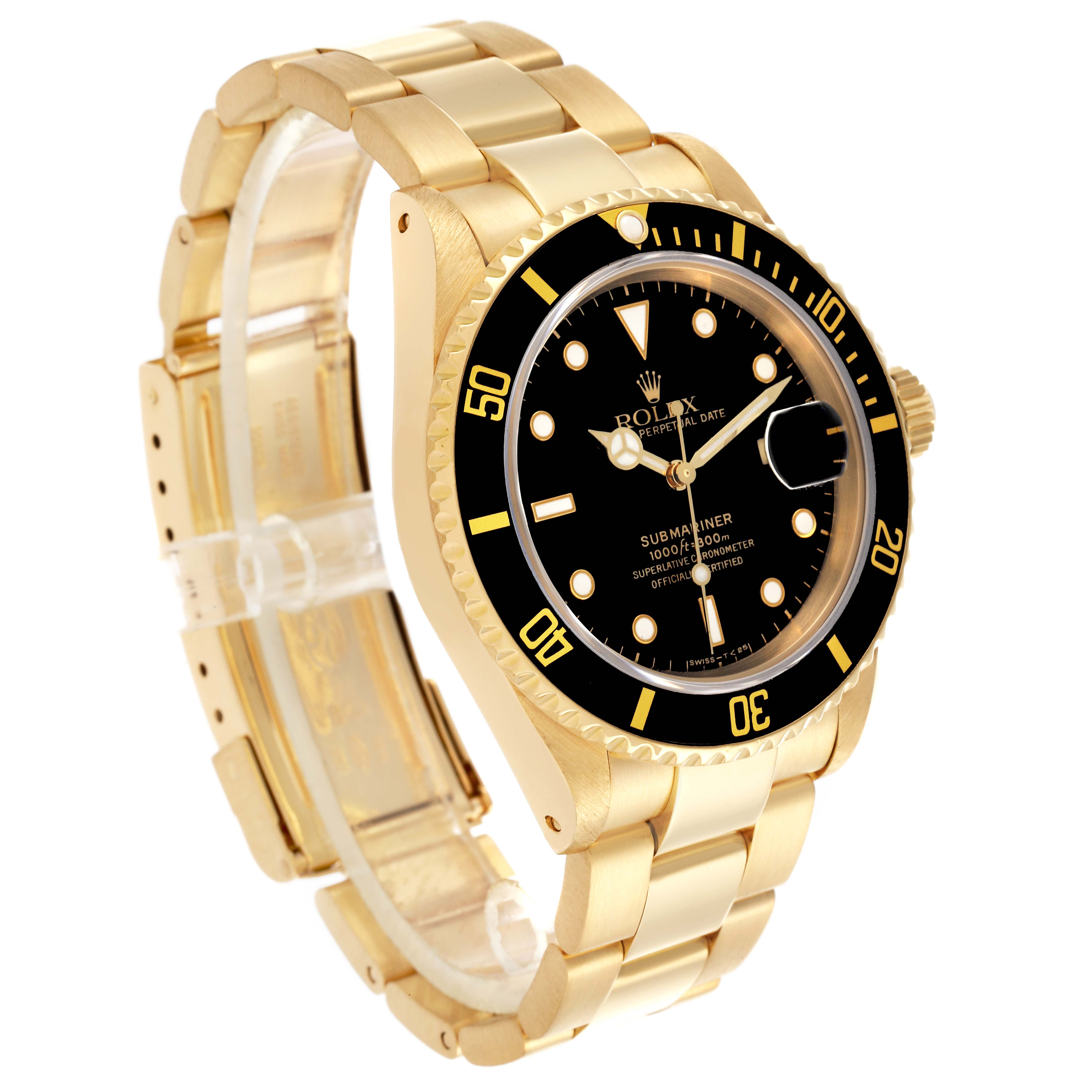 The Rolex Submariner 16618 Men
s Yellow Gold Black Dial 16618 Men
s Yellow Gold Black Dial watch is shown at a three-quarter angle highlighting the gold case, bracelet, black dial, and bezel.