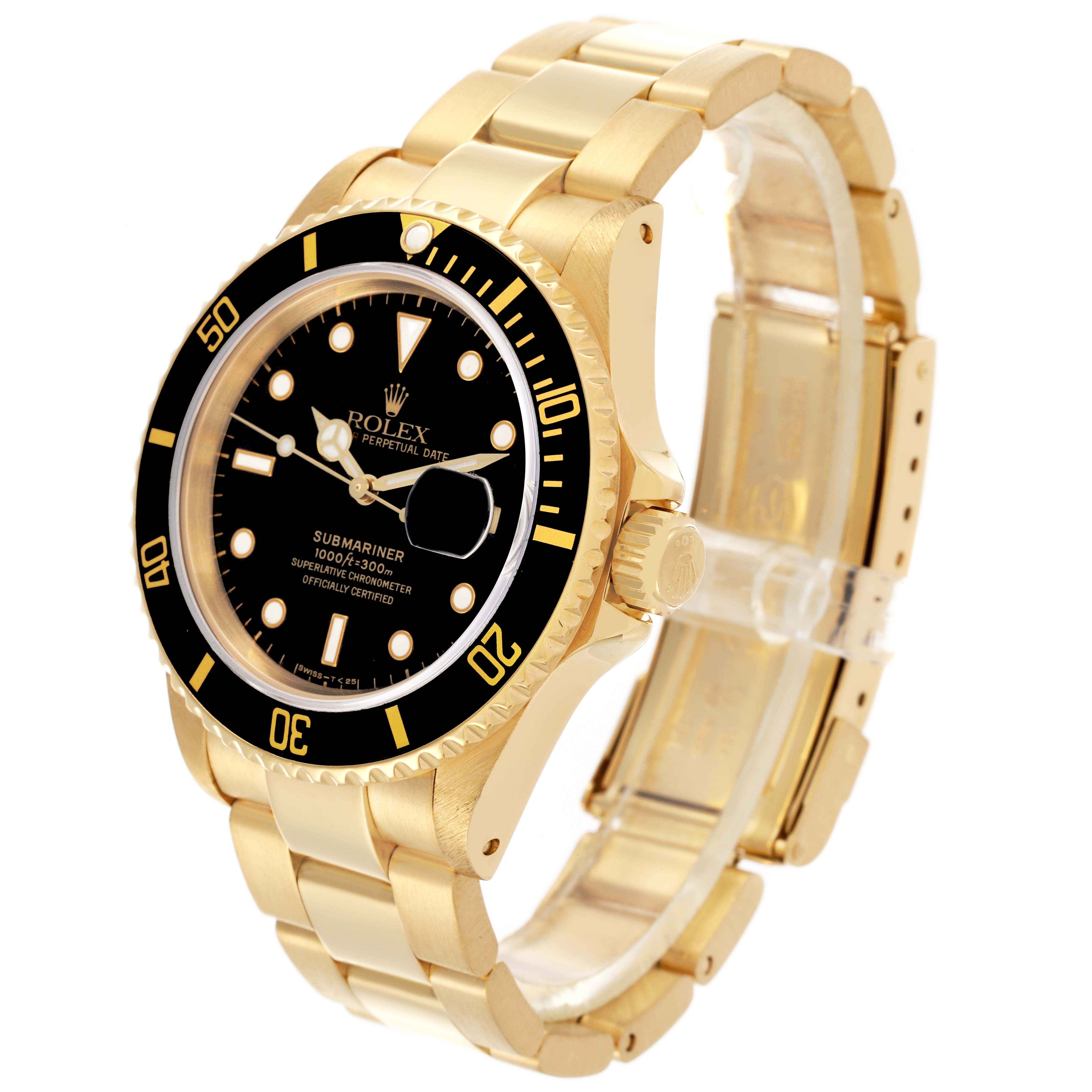 The Rolex Submariner 16618 Men
s Yellow Gold Black Dial 16618 Men
s Yellow Gold Black Dial is shown at a slight side angle, displaying the face, bezel, crown, and bracelet.