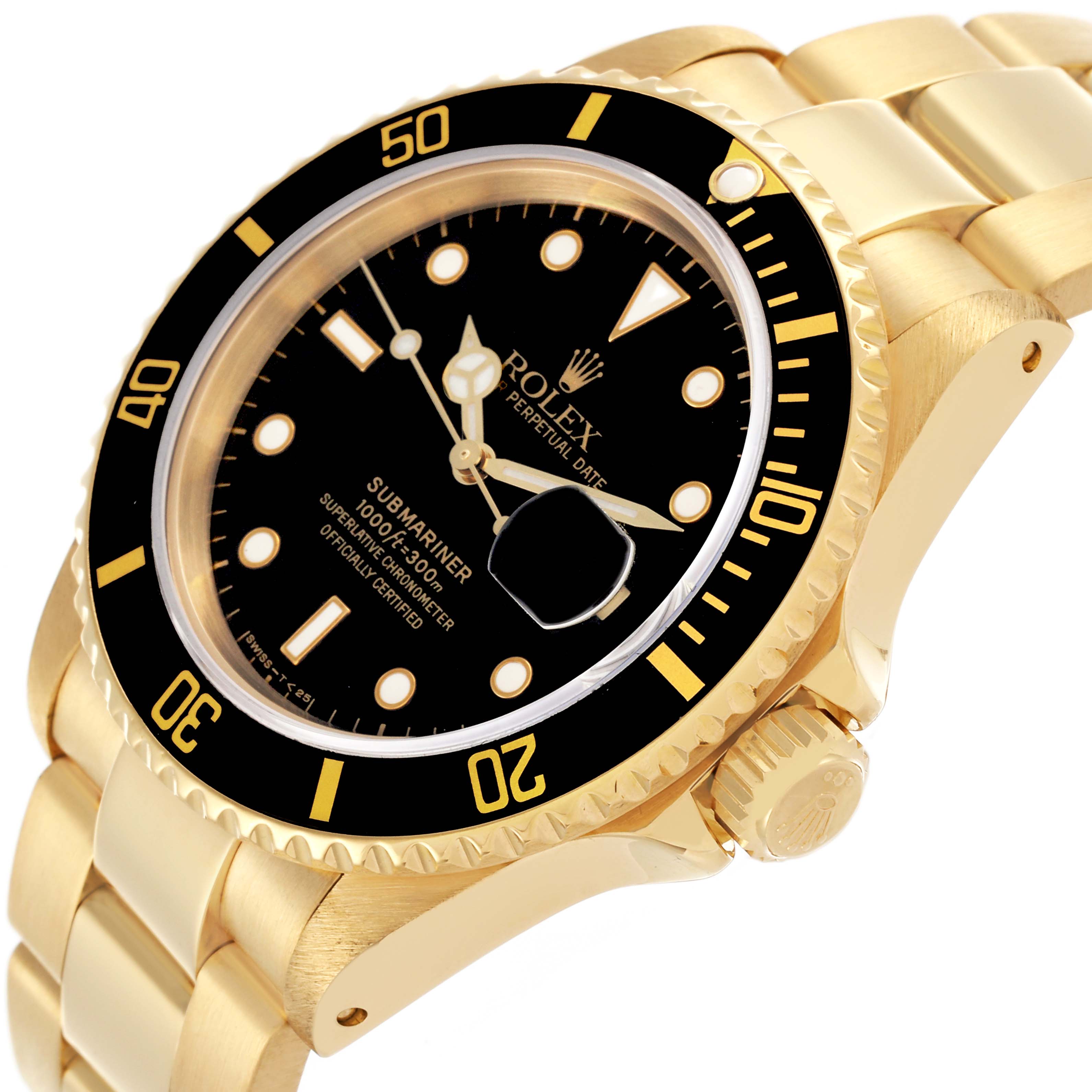 The Rolex Submariner 16618 Men
s Yellow Gold Black Dial 16618 Men
s Yellow Gold Black Dial watch is shown from an angled side view, highlighting the bezel, crown, and bracelet.