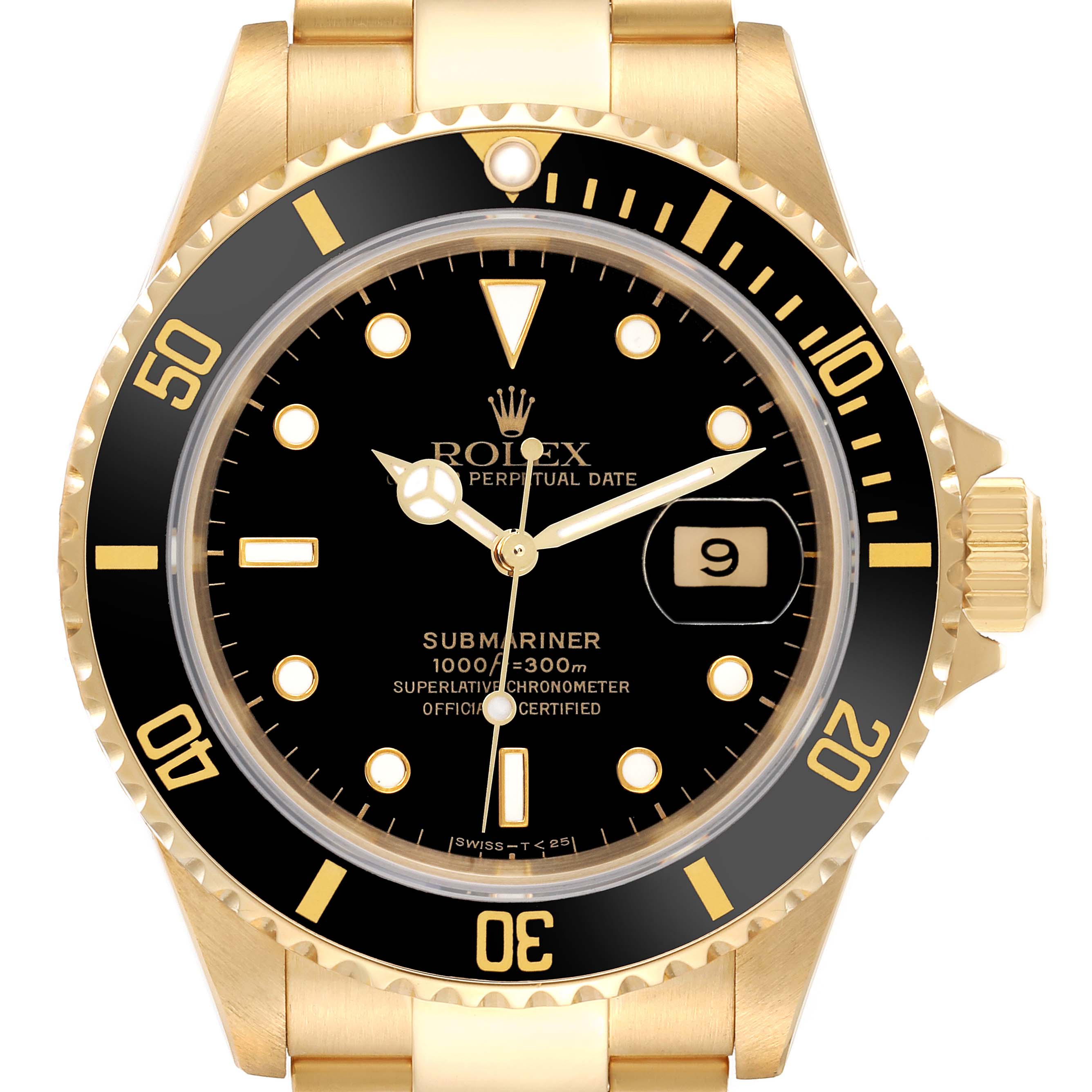 The image shows a front view of a Rolex Submariner 16618 Men
s Yellow Gold Black Dial 16618 Men
s Yellow Gold Black Dial, highlighting the dial, bezel, and crown.