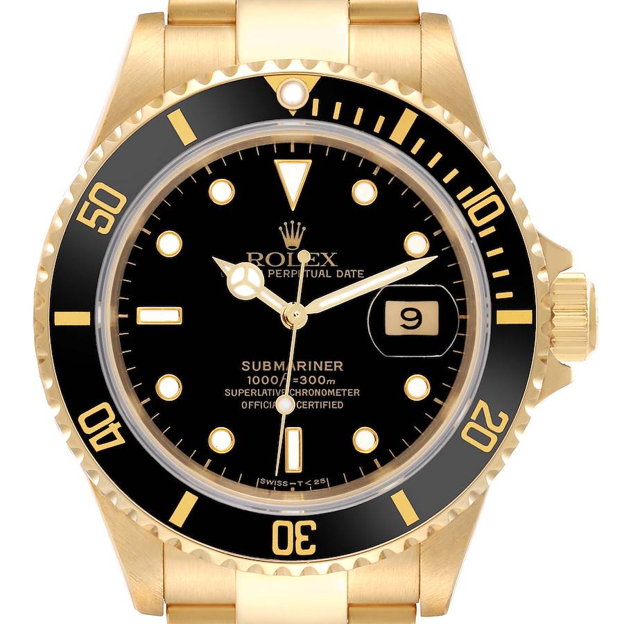 The image shows a front view of a Rolex Submariner, highlighting the dial, bezel, and crown.