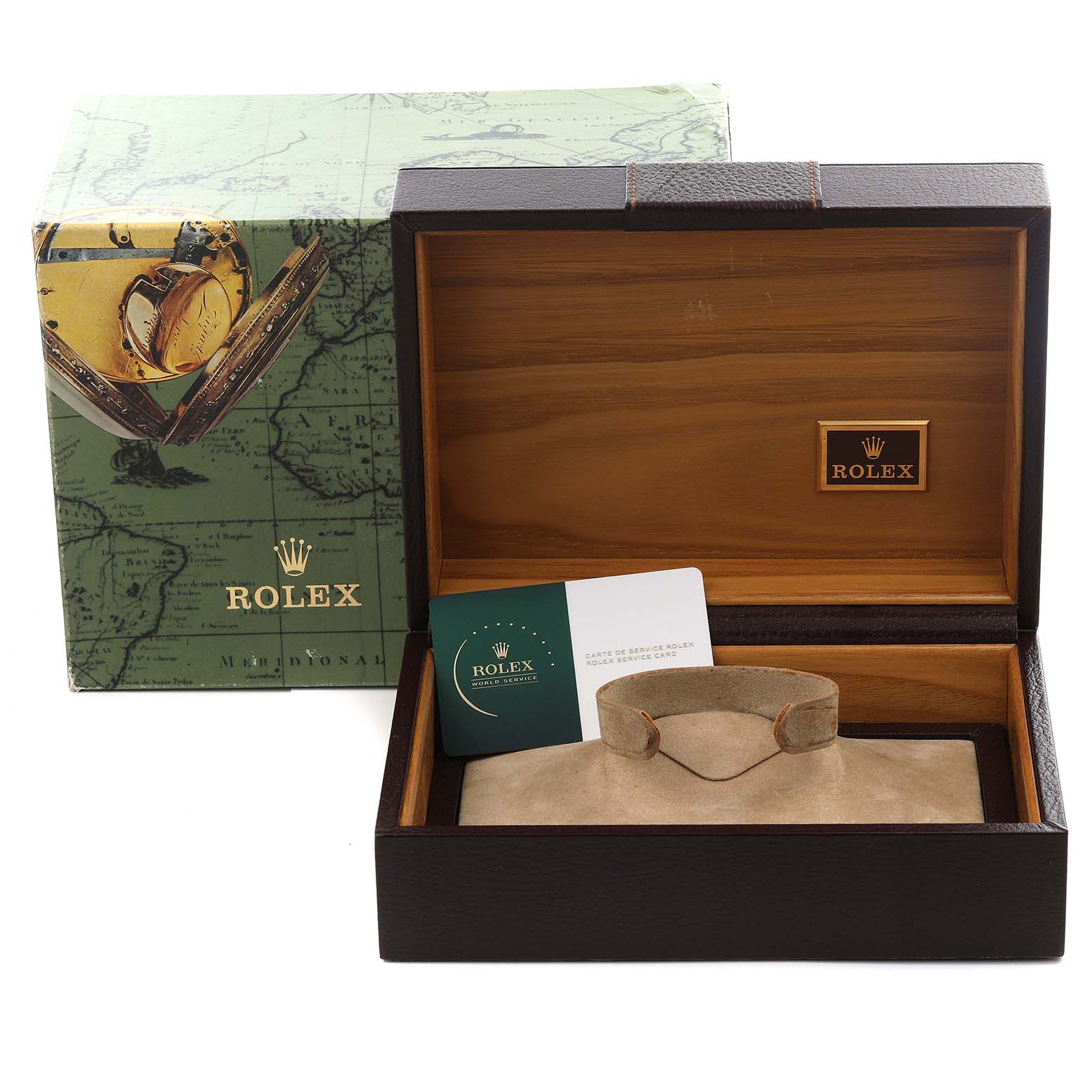 The image shows the box and service card for the Rolex Submariner 16618 Men
s Yellow Gold Black Dial 16618 Men
s Yellow Gold Black Dial watch from a front angle.
