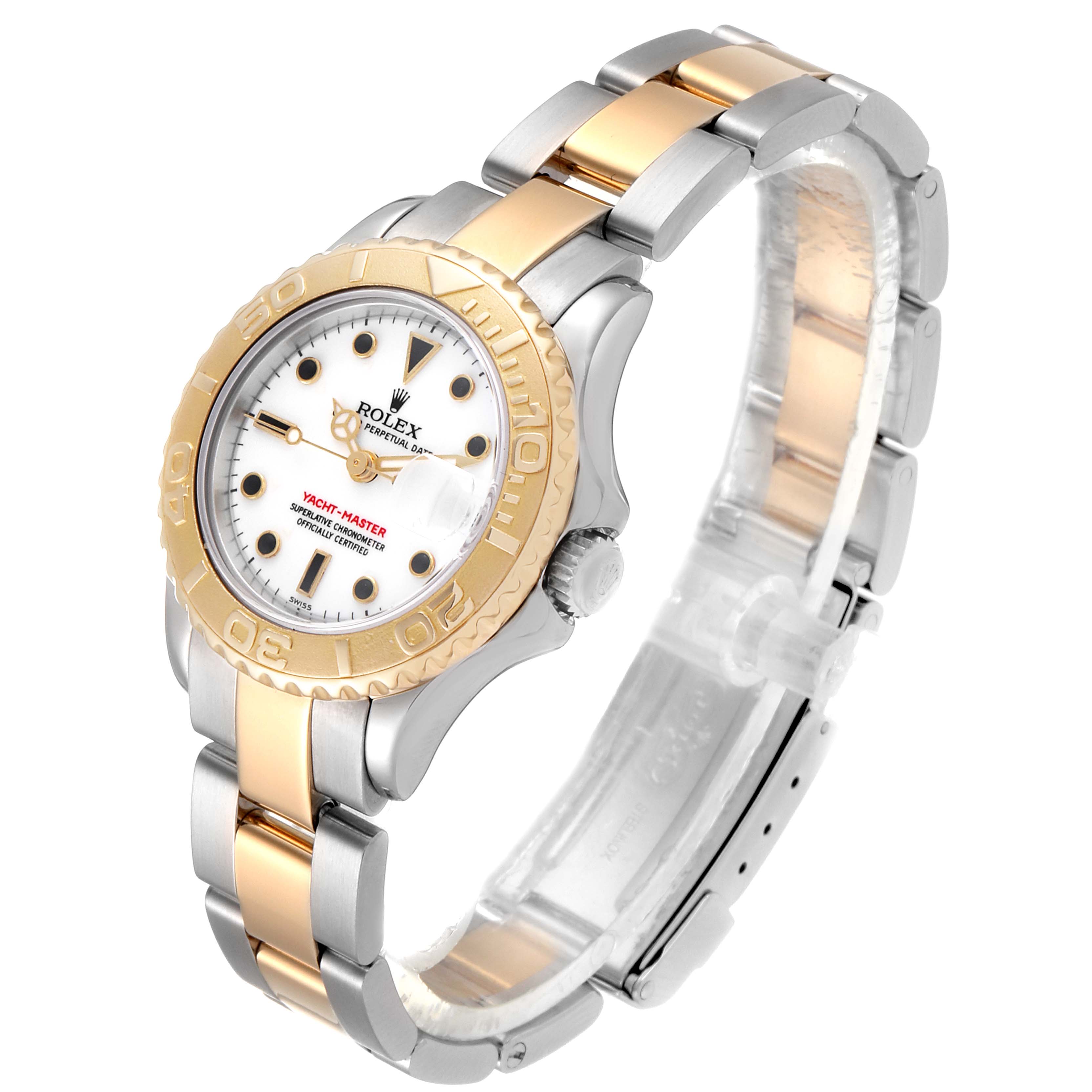 The image shows a Rolex Yacht-Master 169623 Women
s Steel and Gold (two tone) White Dial 169623 Women
s Steel and Gold (two tone) White Dial watch at a three-quarter angle, highlighting its bezel, face, crown, and oyster bracelet.