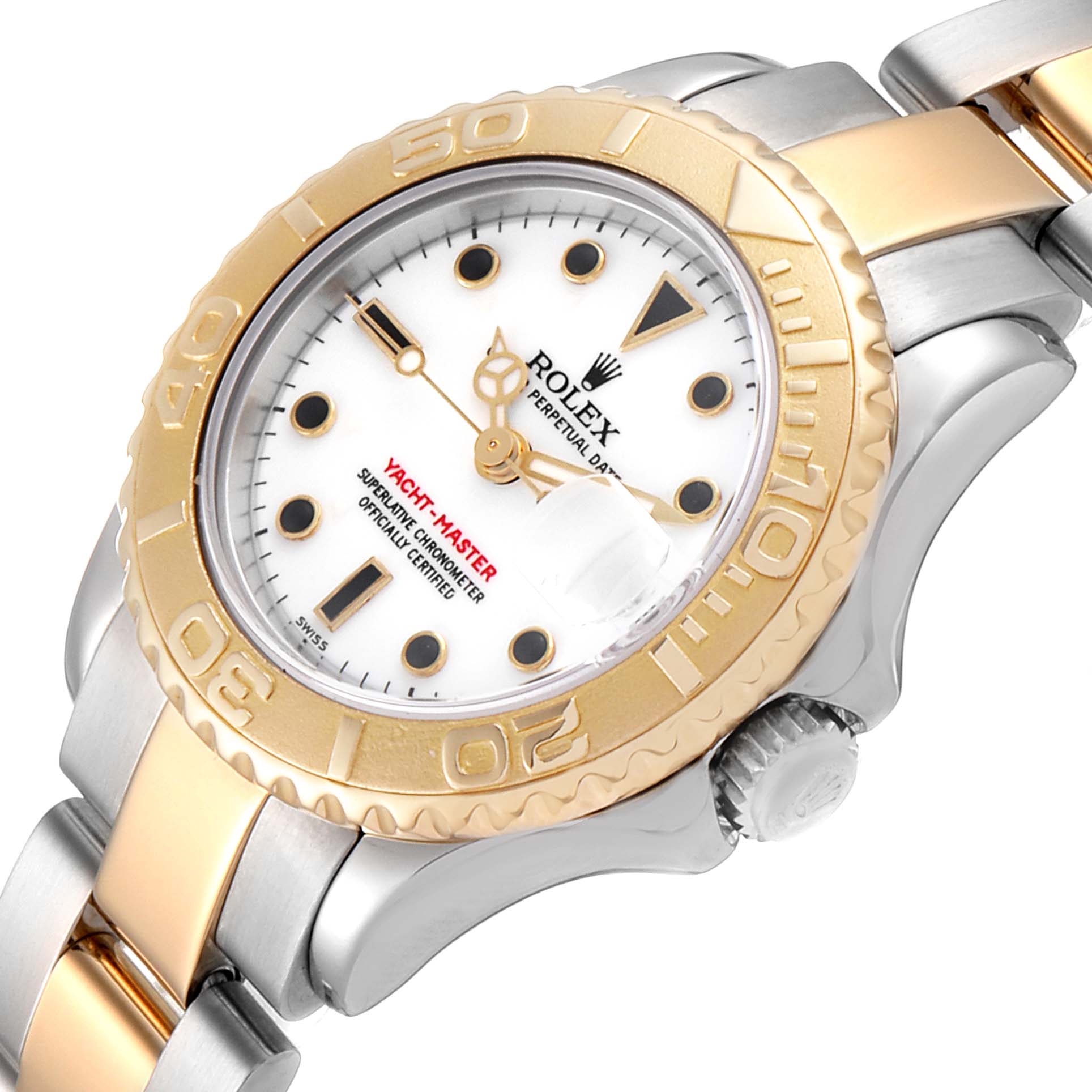 The Rolex Yacht-Master 169623 Women
s Steel and Gold (two tone) White Dial 169623 Women
s Steel and Gold (two tone) White Dial watch is shown angled to the right, highlighting its face, bezel, crown, and bracelet.