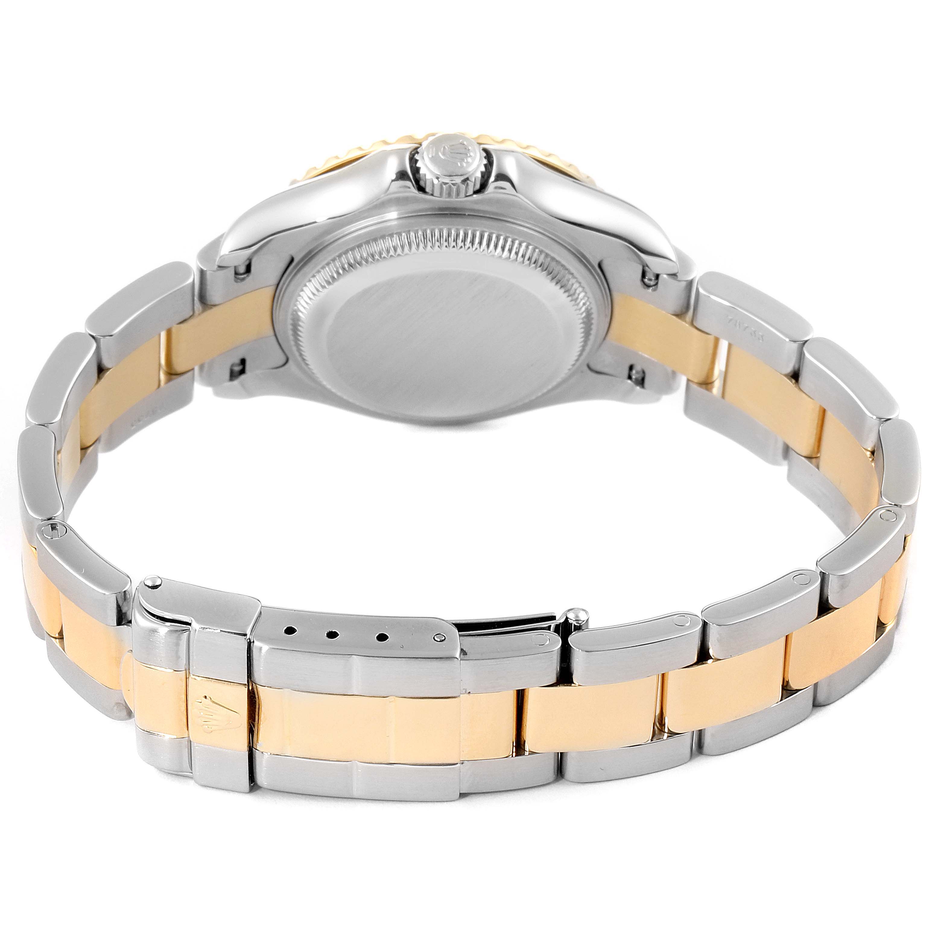 The image shows the back and bracelet of a Rolex Yacht-Master 169623 Women
s Steel and Gold (two tone) White Dial 169623 Women
s Steel and Gold (two tone) White Dial watch, including the crown and clasp.