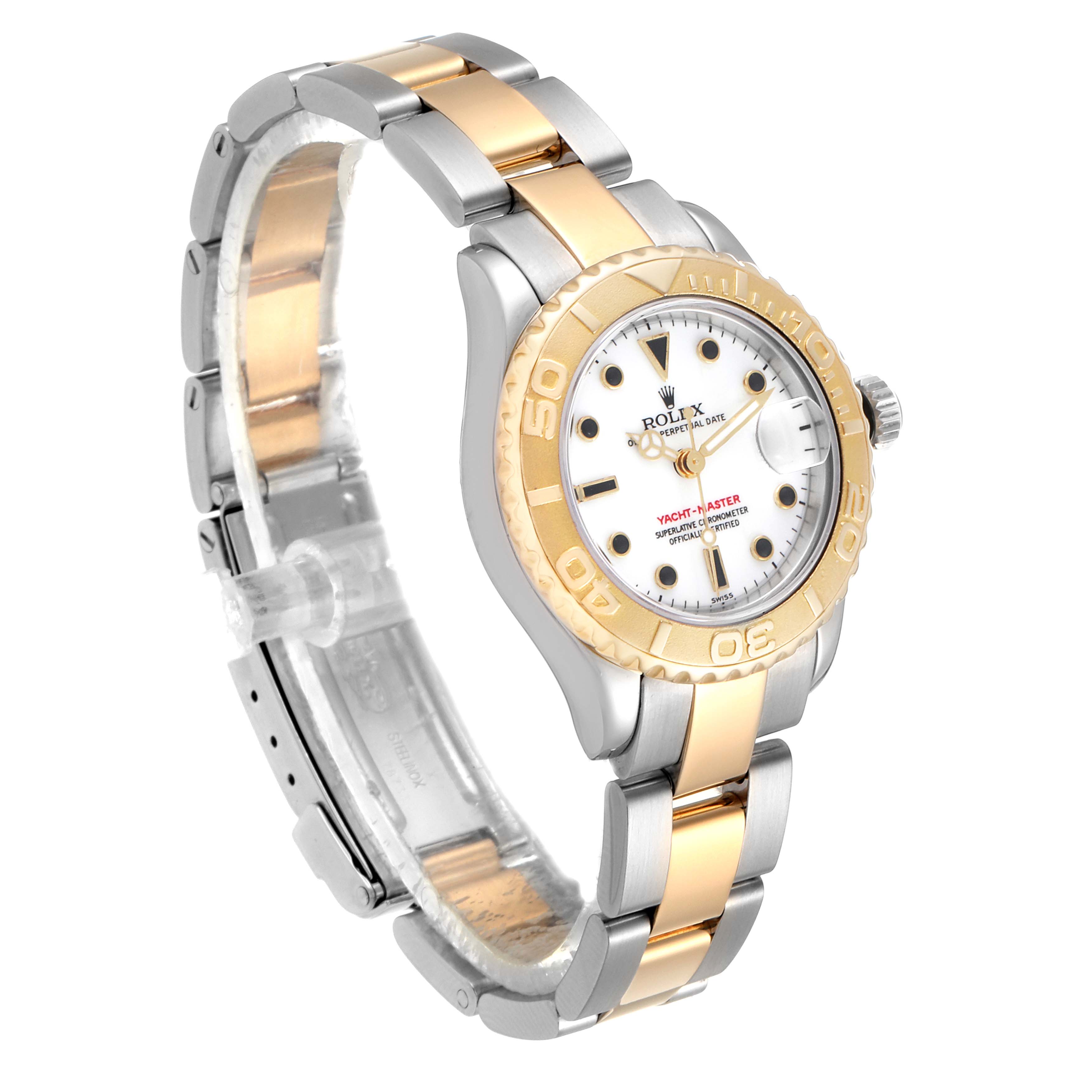 The Rolex Yacht-Master 169623 Women
s Steel and Gold (two tone) White Dial 169623 Women
s Steel and Gold (two tone) White Dial watch is shown at an angle displaying its dial, bezel, and bracelet.