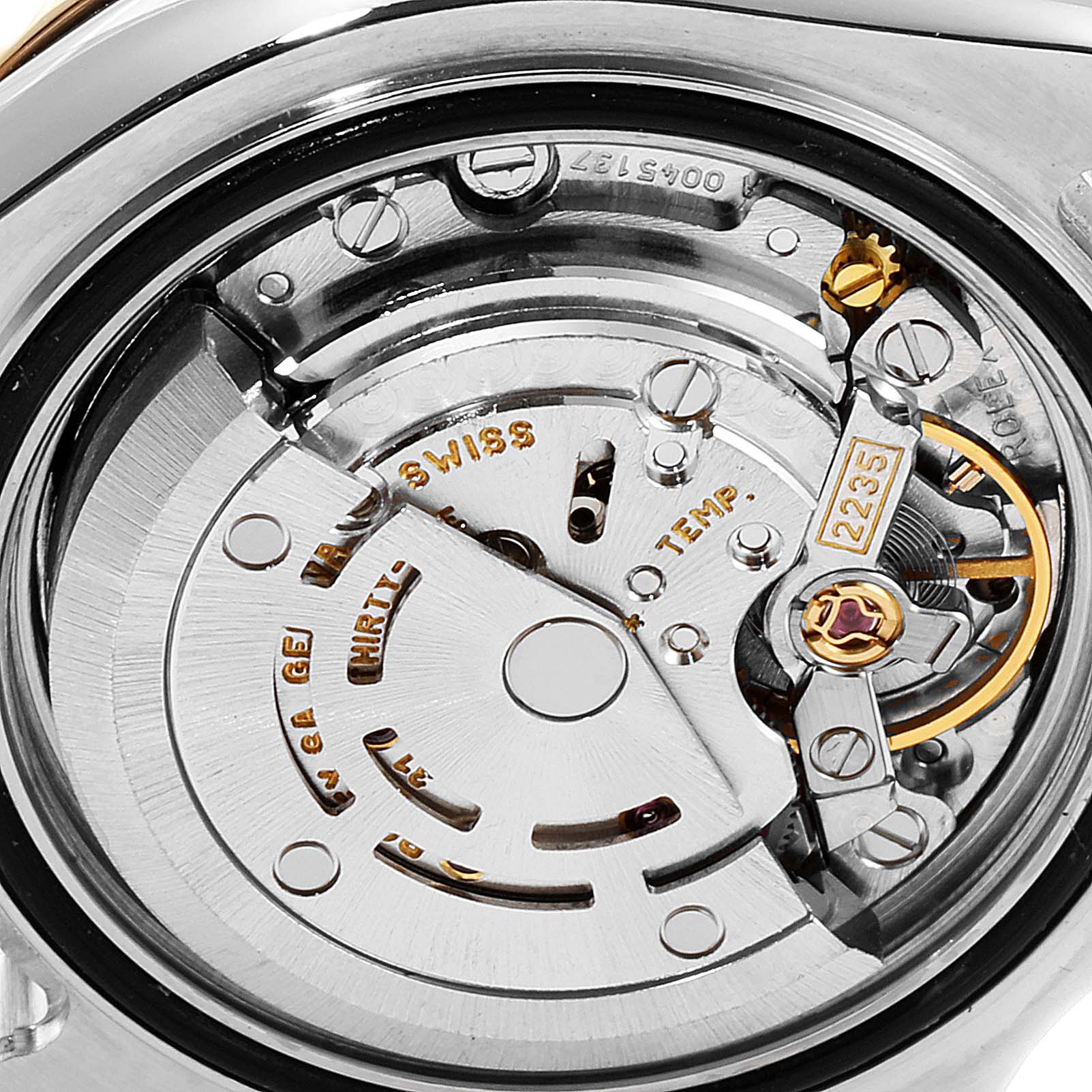 This image shows a close-up view of the movement inside a Rolex Yacht-Master 169623 Women
s Steel and Gold (two tone) White Dial 169623 Women
s Steel and Gold (two tone) White Dial watch, highlighting the intricate mechanism.