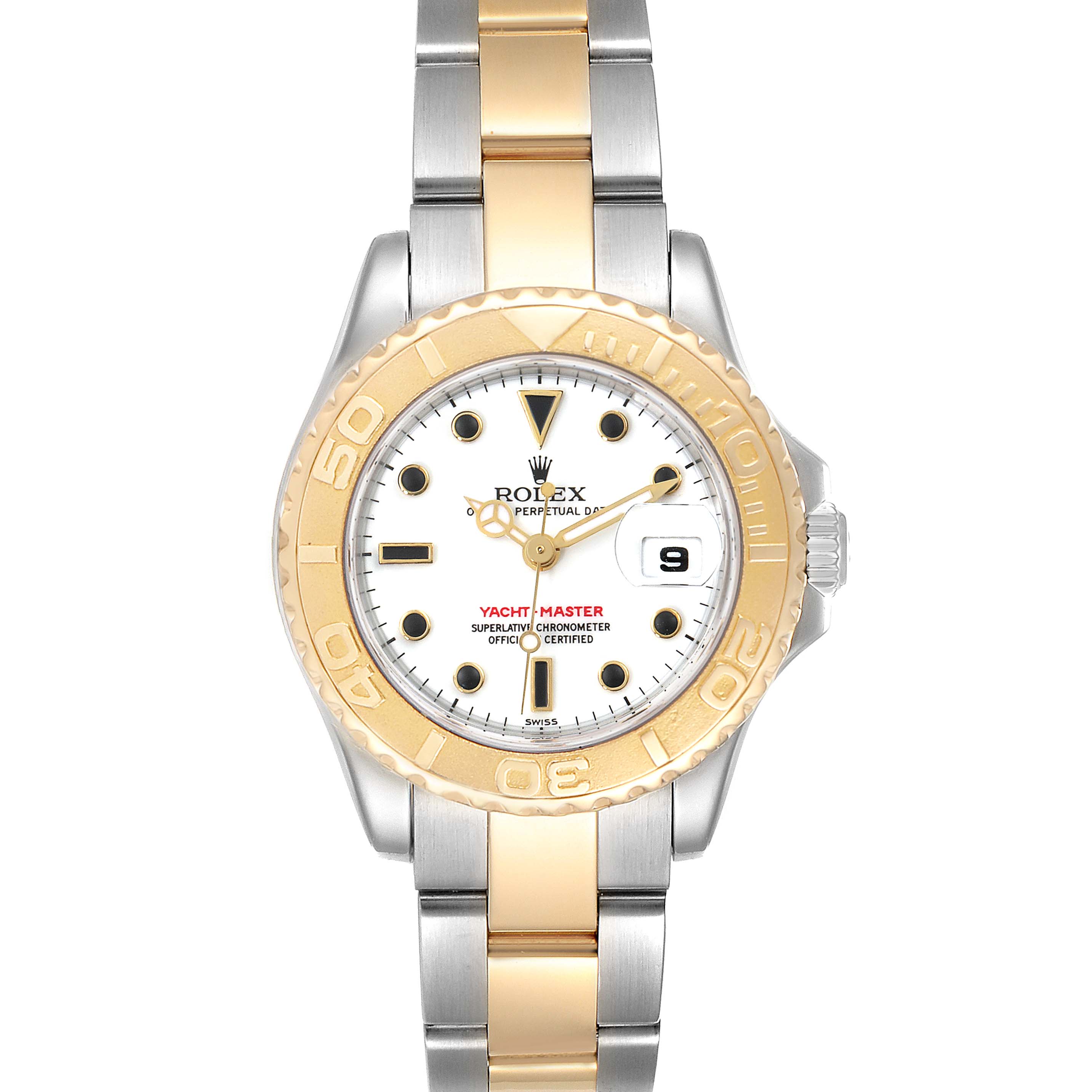 This image shows the full front view of a Rolex Yacht-Master 169623 Women
s Steel and Gold (two tone) White Dial 169623 Women
s Steel and Gold (two tone) White Dial watch, displaying the bezel, dial, hands, and bracelet.