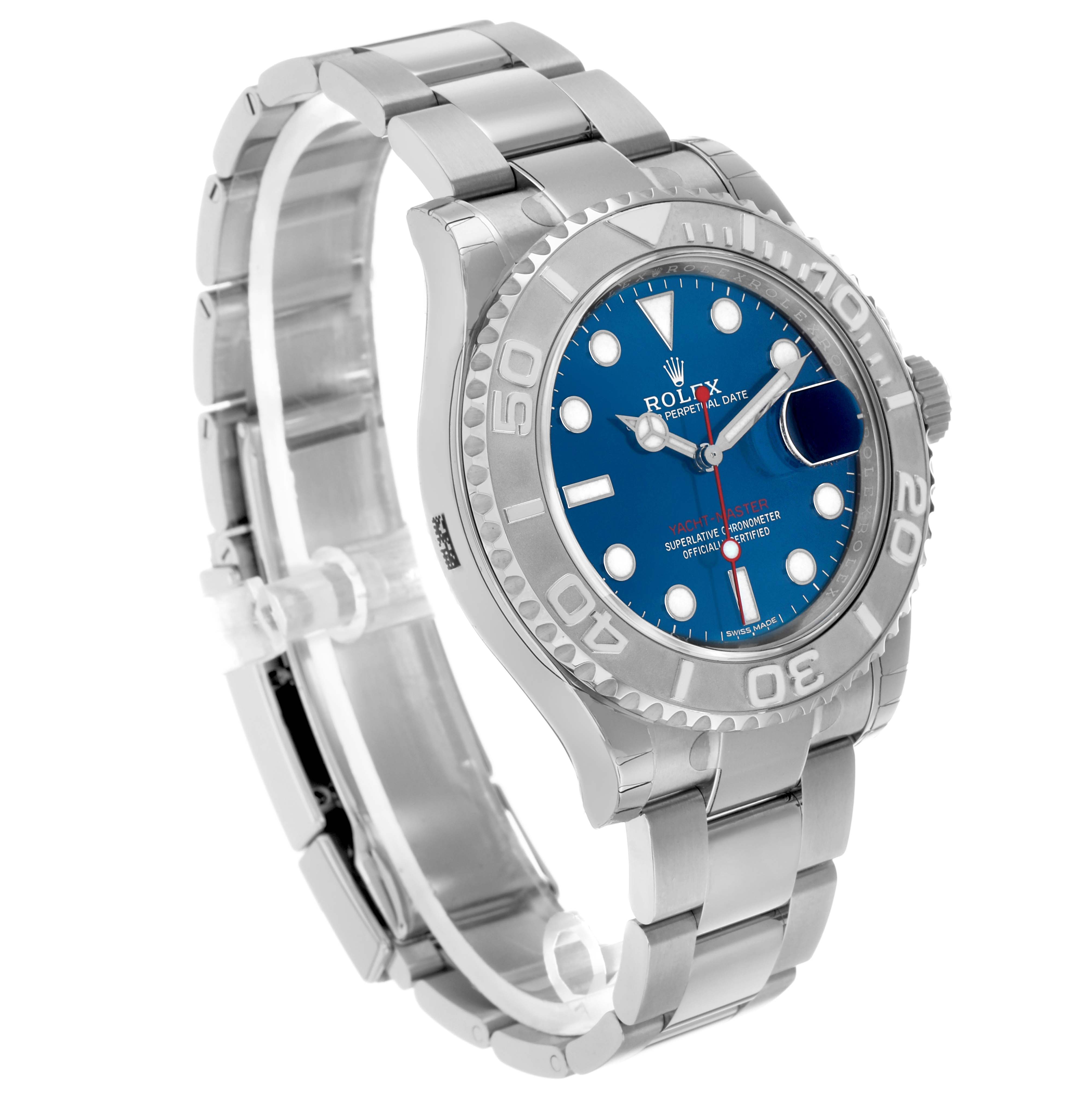 The Rolex Yacht-Master 116622 Men's Stainless Steel Blue Dial watch is shown at an angled view, highlighting the bezel, dial, and part of the bracelet.