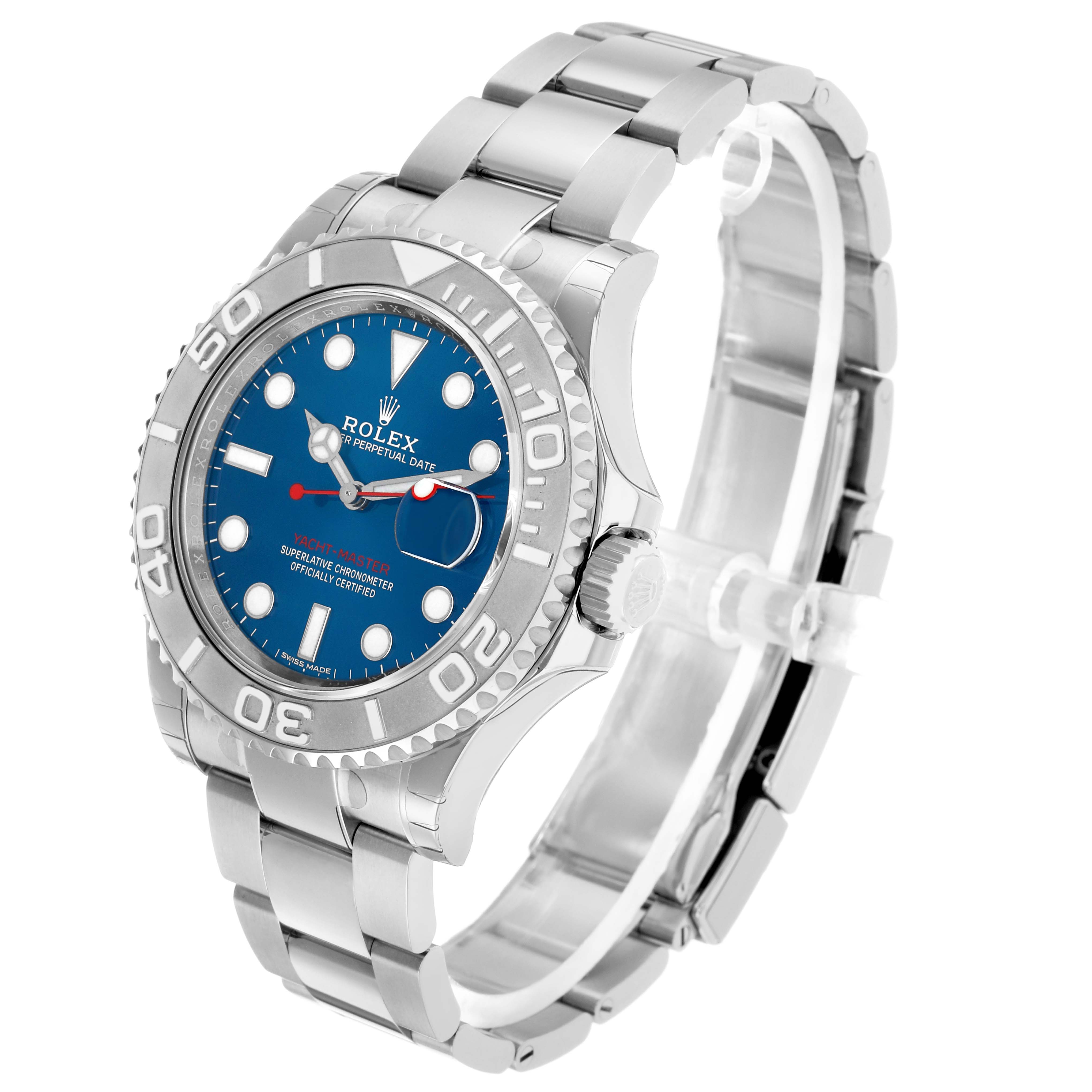 The Rolex Yacht-Master 116622 Men's Stainless Steel Blue Dial watch is shown at a slight angle, displaying the face, bezel, crown, and parts of the bracelet.