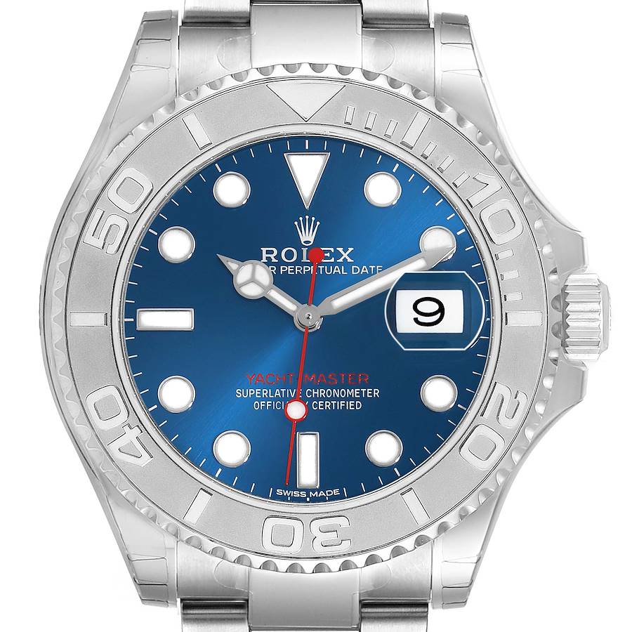 The Rolex Yacht-Master 116622 Men's Stainless Steel Blue Dial watch is shown from the front, displaying the blue dial, bezel, and parts of the bracelet and crown.