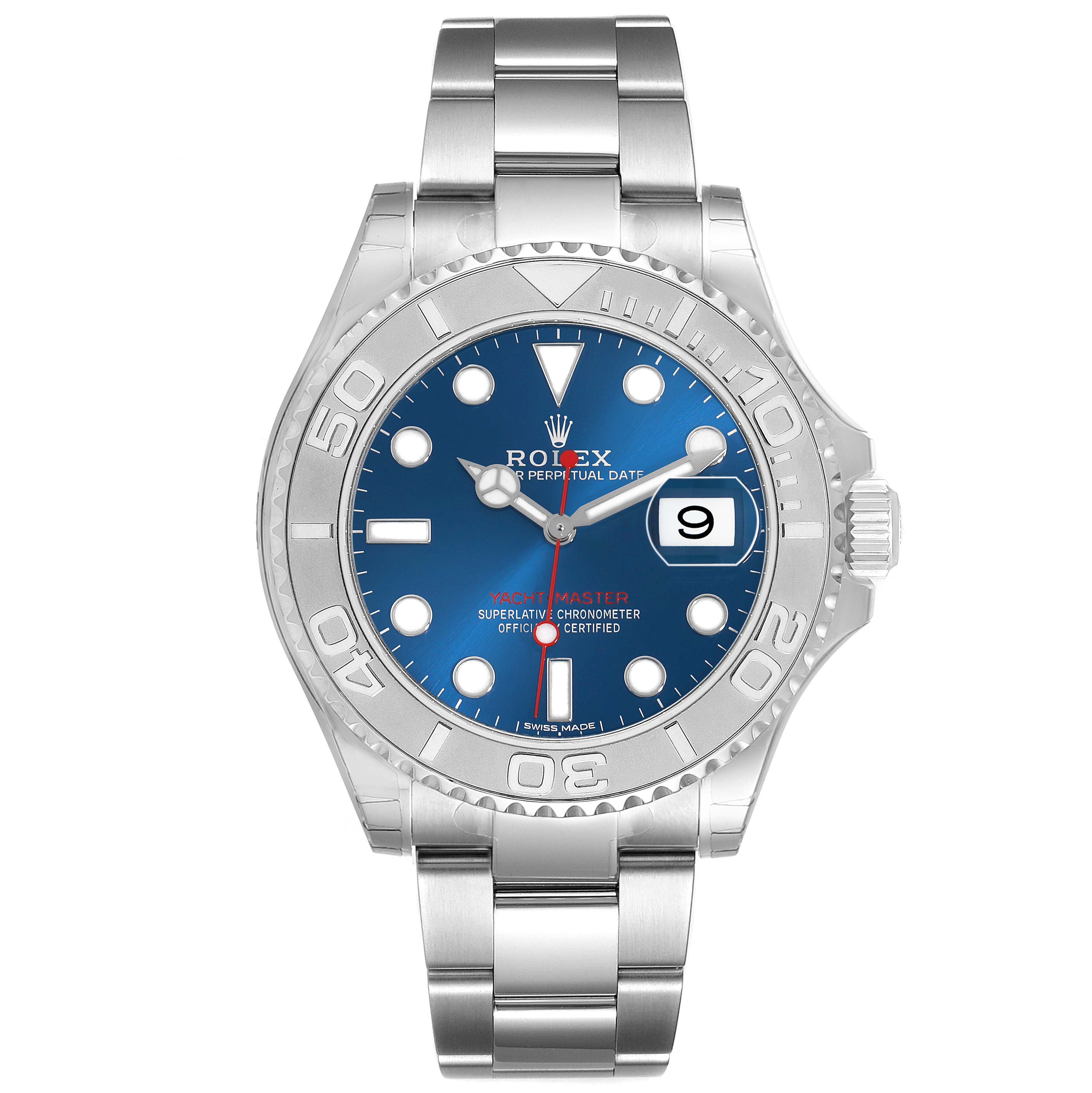 The Rolex Yacht-Master 116622 Men's Stainless Steel Blue Dial watch is shown from a front angle, highlighting the dial, bezel, bracelet, and crown.