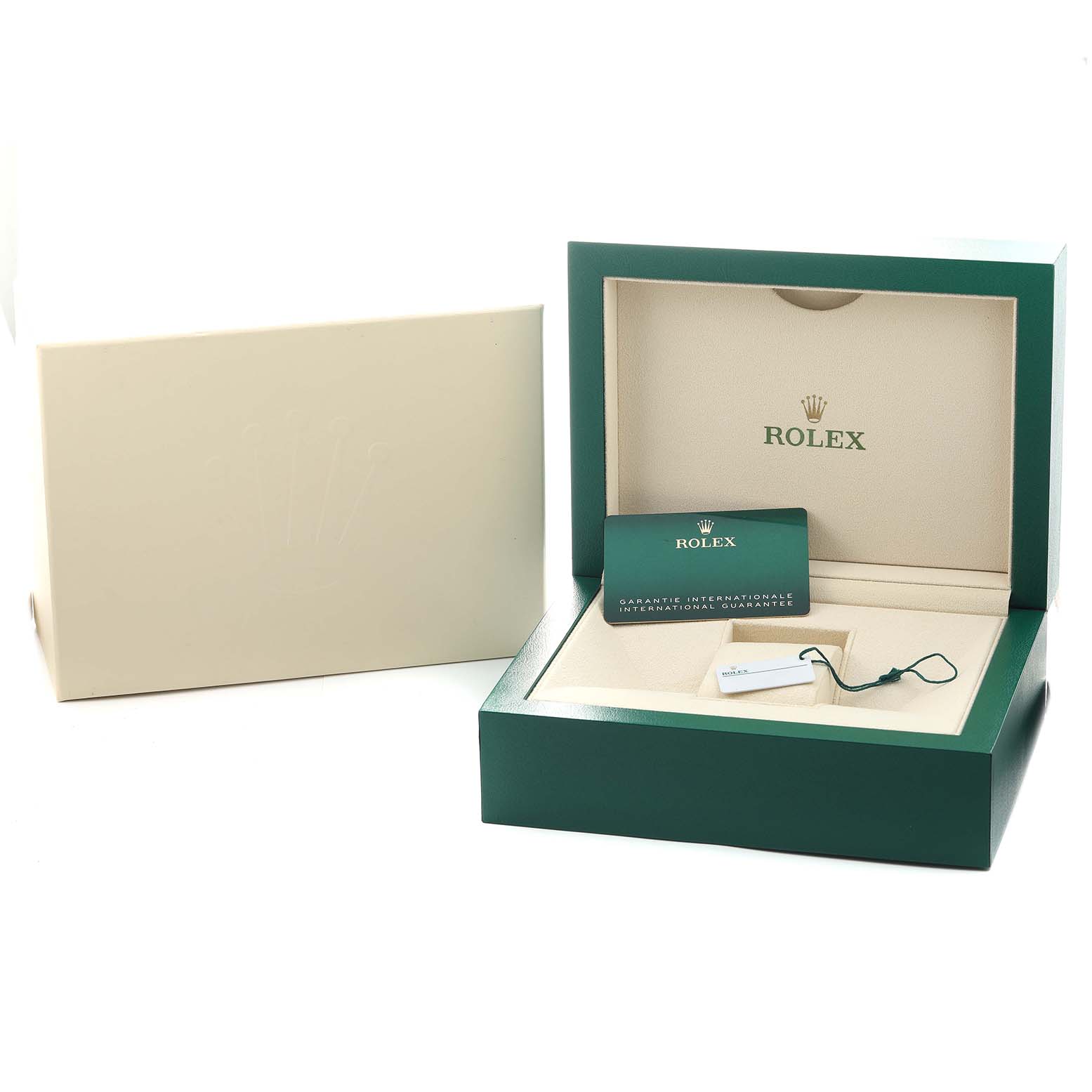 The image shows a Rolex Yacht-Master 116622 Men's Stainless Steel Blue Dial watch box with a beige outer sleeve and an open green box displaying a guarantee card and tag.
