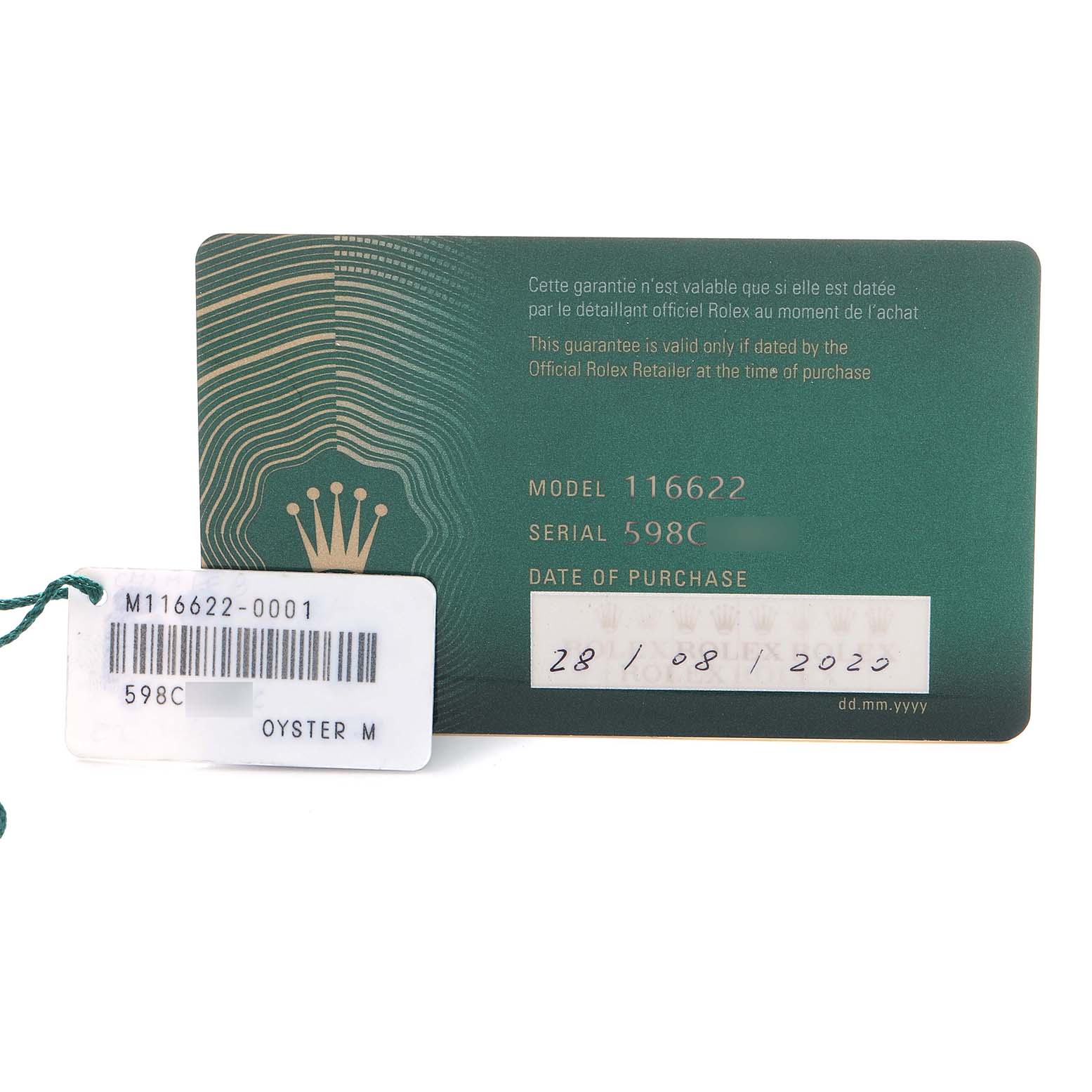 The image shows the warranty card and tag for a Rolex Yacht-Master 116622 Men's Stainless Steel Blue Dial model 116622, displaying model and serial numbers.