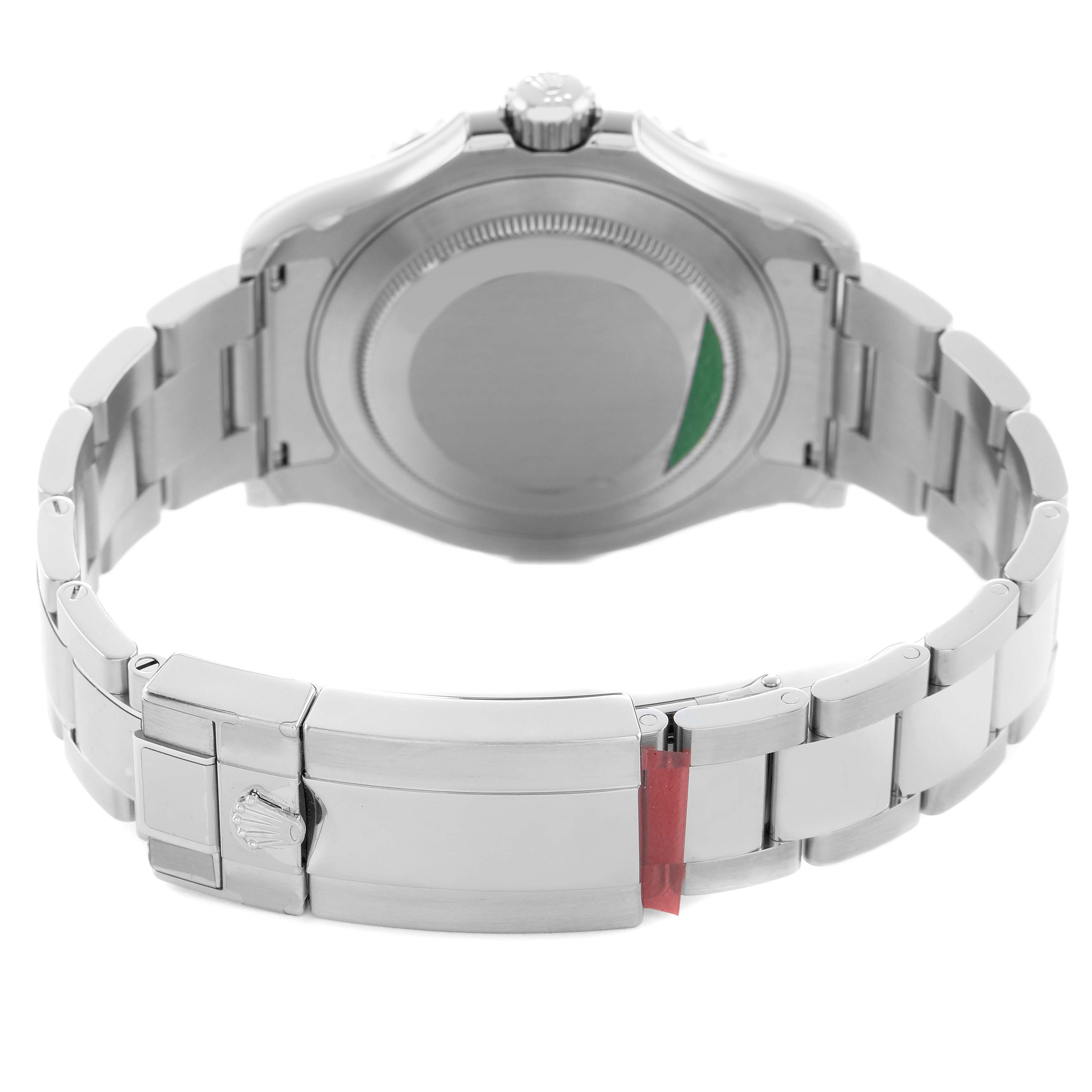 The Rolex Yacht-Master 116622 Men's Stainless Steel Blue Dial watch is shown from the back, highlighting the case back, bracelet, and clasp.