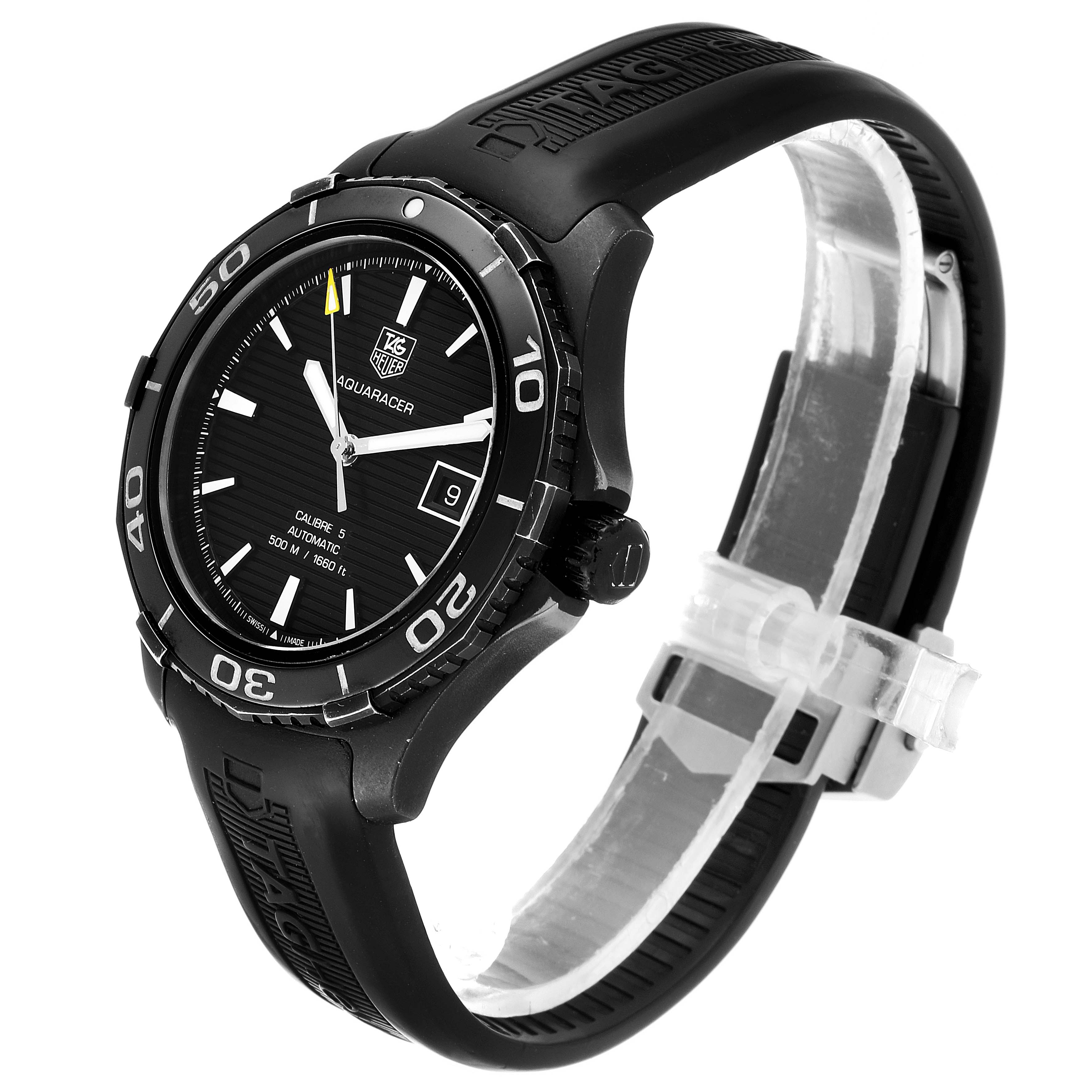 This image shows a Tag Heuer Aquaracer WAK2180.FT6027 Men's Titanium Black Dial WAK2180.FT6027 Men's Titanium Black Dial watch at a three-quarter angle focusing on the dial, bezel, and part of the strap.