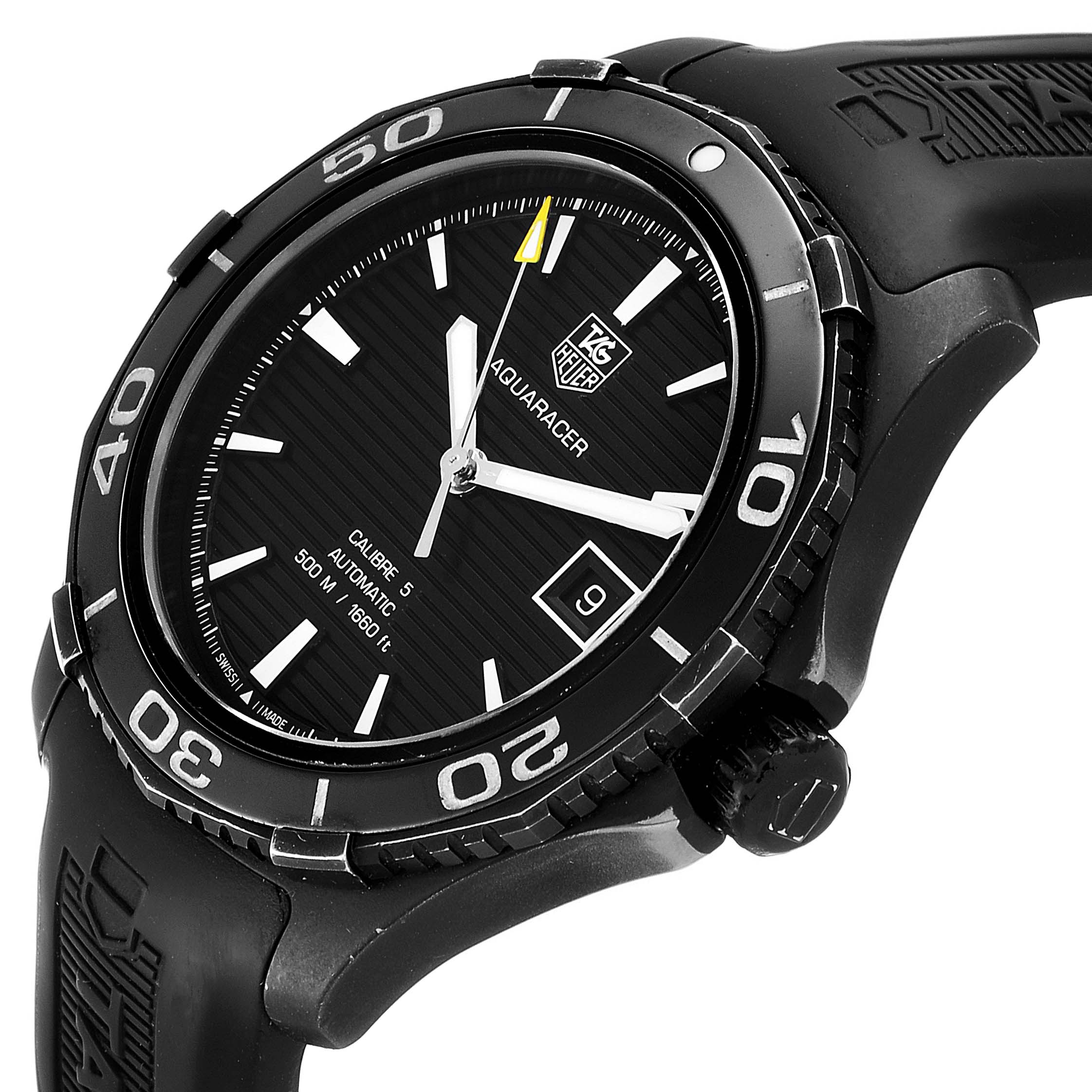 The image shows a Tag Heuer Aquaracer WAK2180.FT6027 Men's Titanium Black Dial WAK2180.FT6027 Men's Titanium Black Dial watch from a 2 o'clock angle, highlighting its face, bezel, and part of the strap.