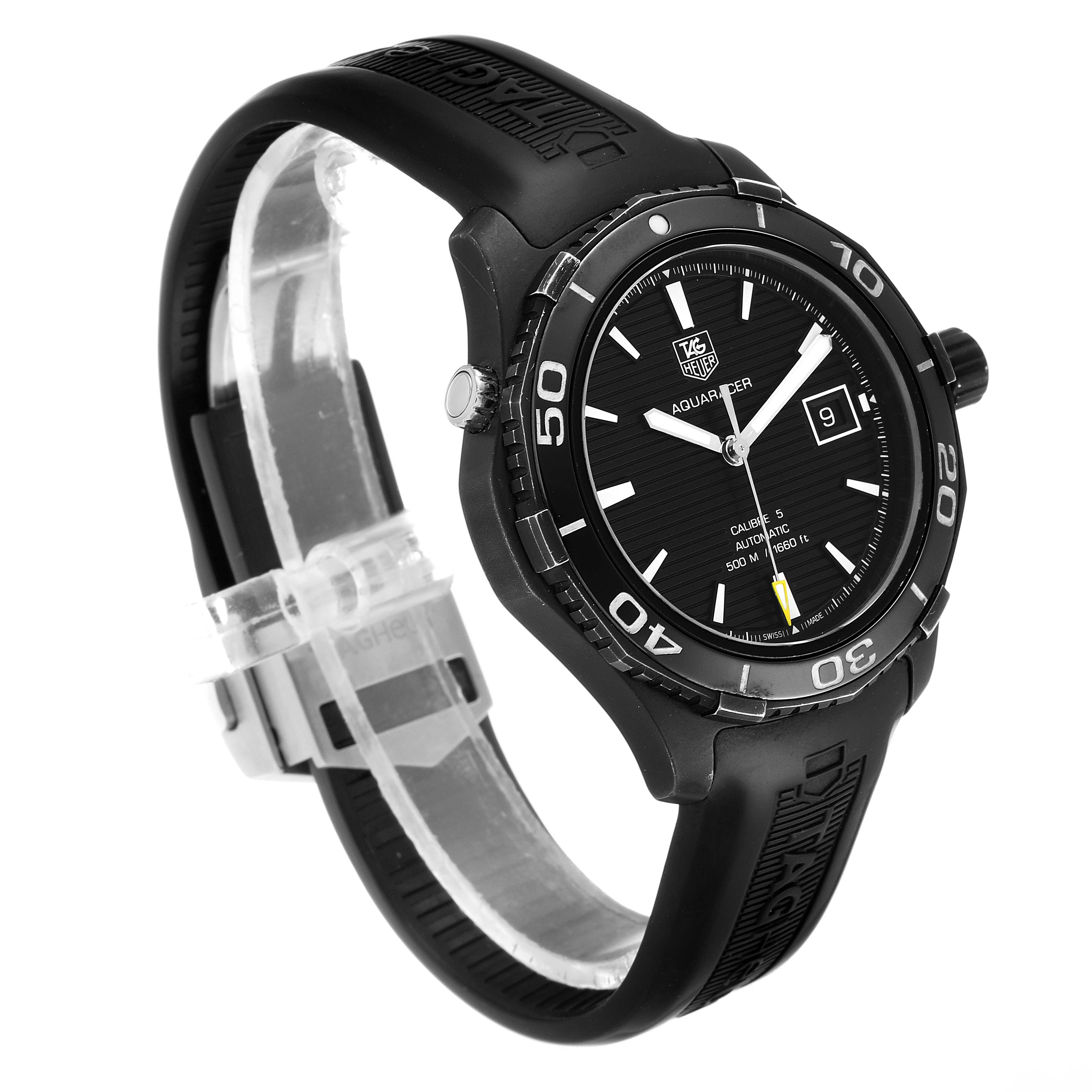 The image shows a side and front view of the Tag Heuer Aquaracer WAK2180.FT6027 Men's Titanium Black Dial WAK2180.FT6027 Men's Titanium Black Dial watch, highlighting its bezel, dial, and strap.