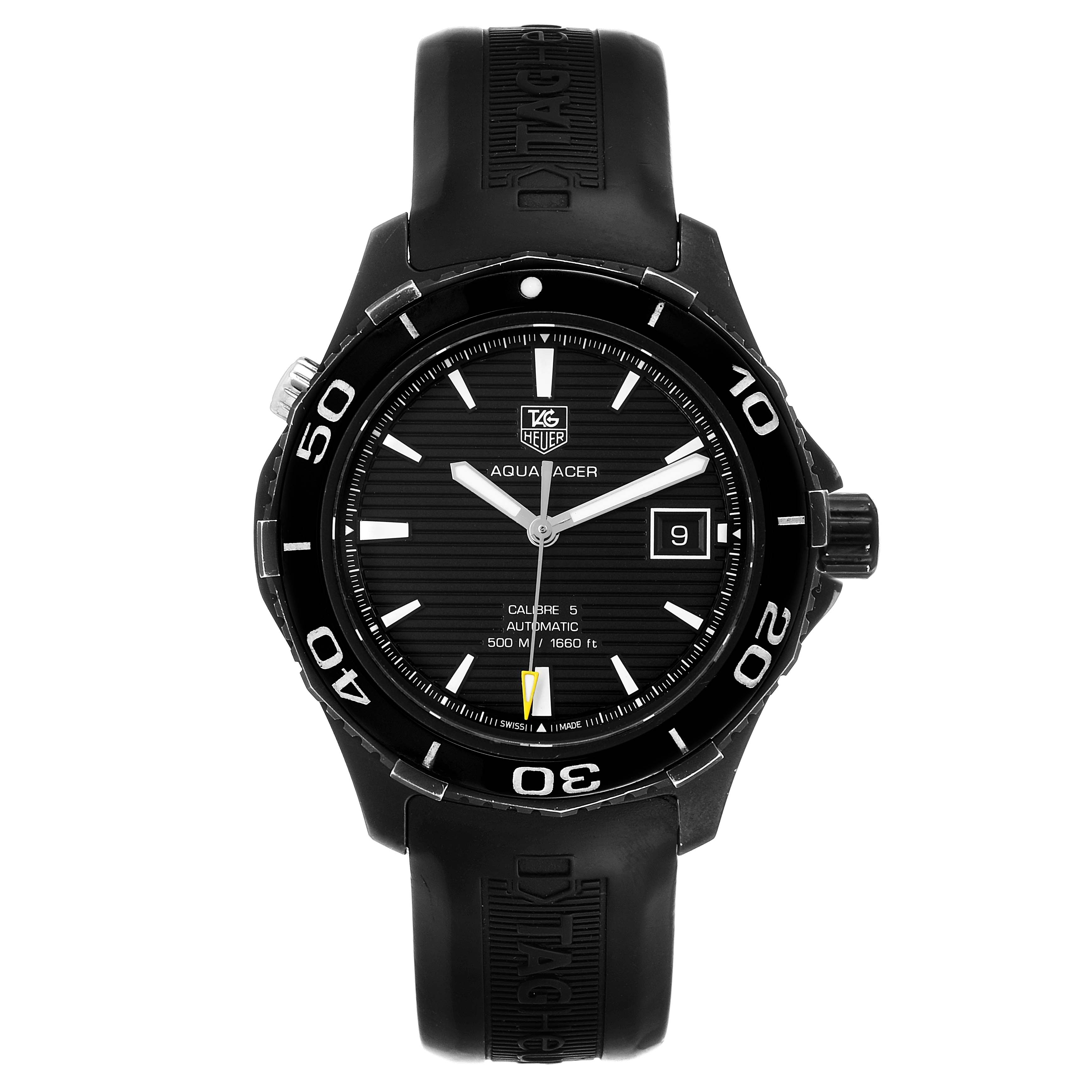 The image shows a front view of a Tag Heuer Aquaracer WAK2180.FT6027 Men's Titanium Black Dial WAK2180.FT6027 Men's Titanium Black Dial watch, displaying the dial, bezel, hands, and part of the strap.