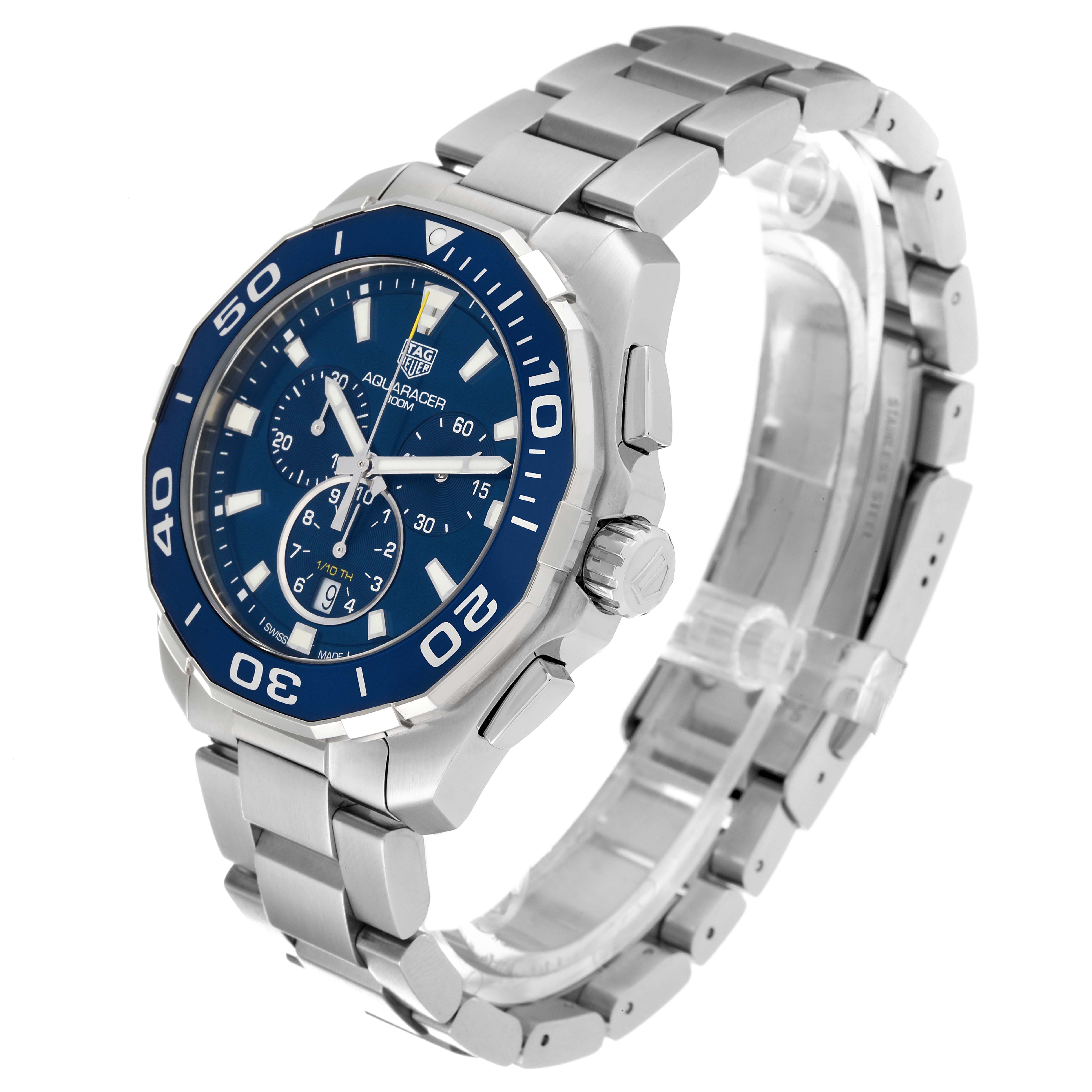 The image shows a Tag Heuer Aquaracer CAY111B.BA0927 Men's Stainless Steel Blue Dial CAY111B.BA0927 Men's Stainless Steel Blue Dial watch at a three-quarter angle, displaying the face, bezel, bracelet, and crown.