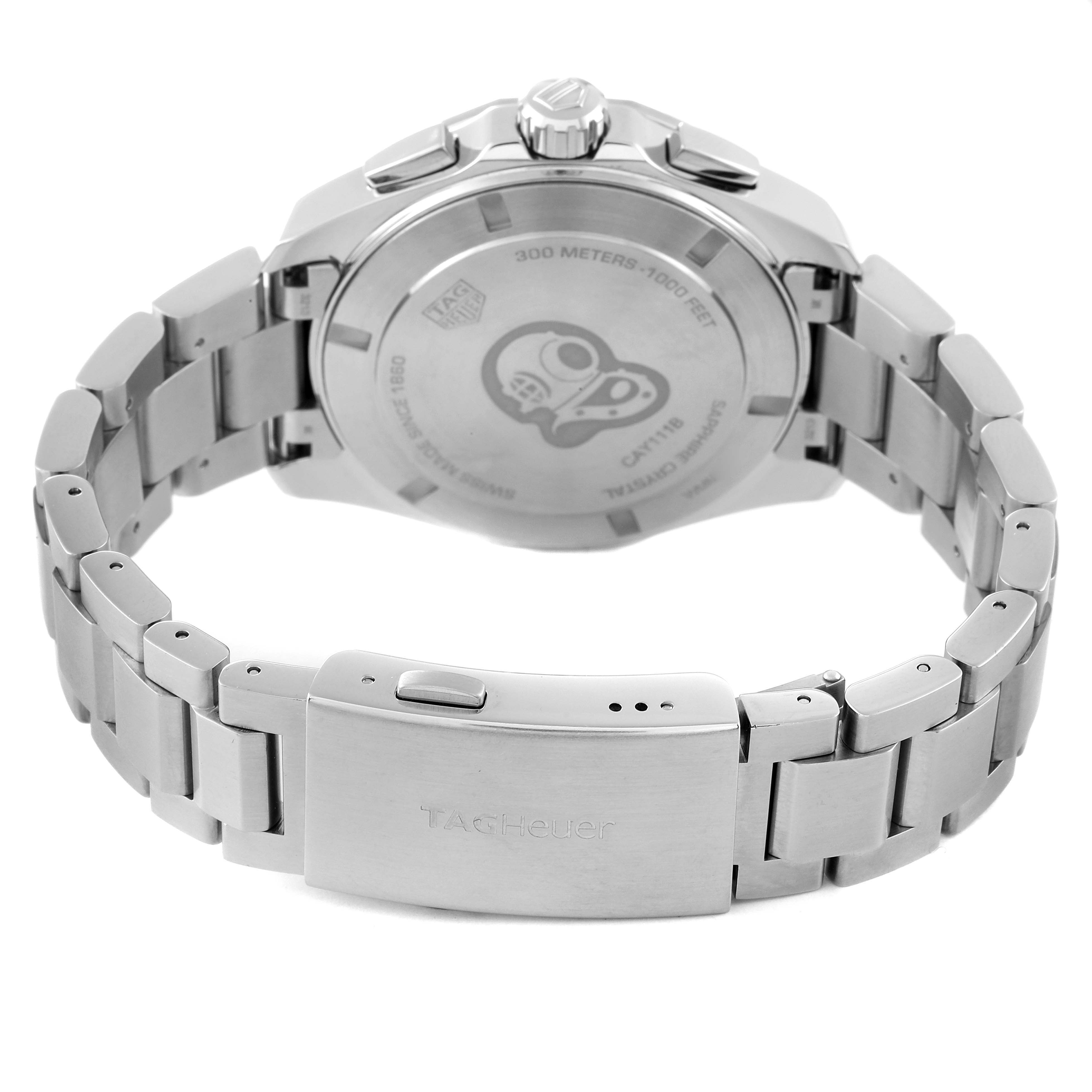 The image shows the back view of the Tag Heuer Aquaracer CAY111B.BA0927 Men's Stainless Steel Blue Dial CAY111B.BA0927 Men's Stainless Steel Blue Dial watch, highlighting the case back and stainless steel bracelet.