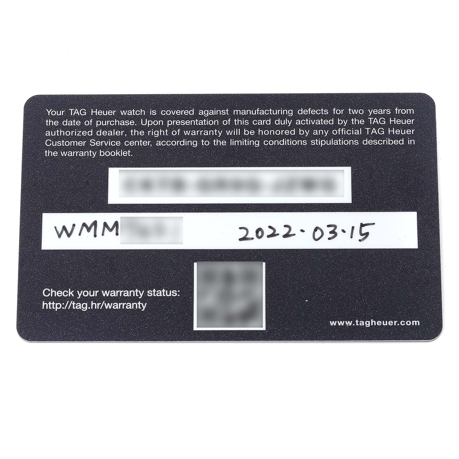 This is a warranty card for the Tag Heuer Aquaracer CAY111B.BA0927 Men's Stainless Steel Blue Dial CAY111B.BA0927 Men's Stainless Steel Blue Dial watch model, captured from a top-down angle.