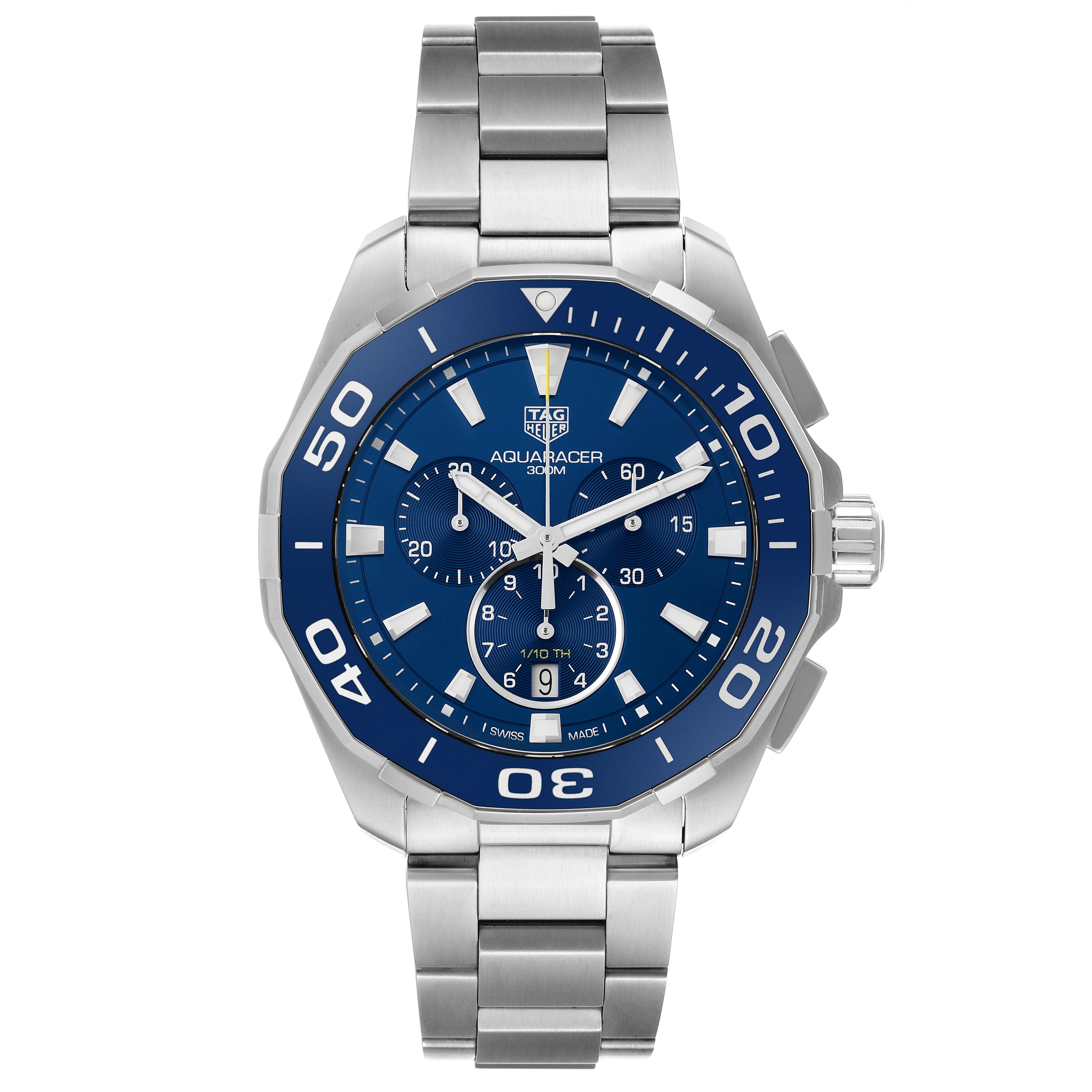 The Tag Heuer Aquaracer CAY111B.BA0927 Men's Stainless Steel Blue Dial CAY111B.BA0927 Men's Stainless Steel Blue Dial is shown from the front, displaying the blue dial, subdials, and stainless steel bracelet.