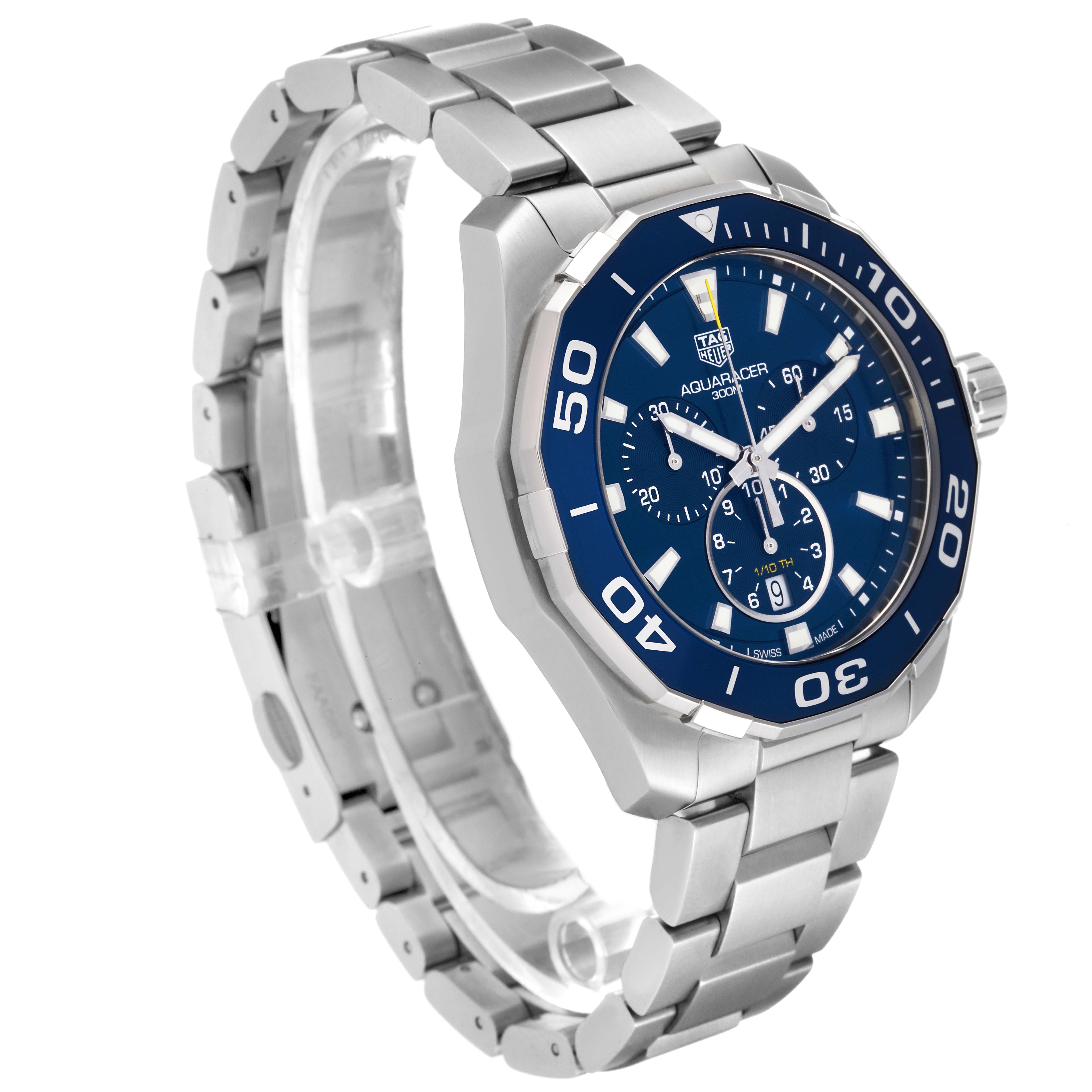 The Tag Heuer Aquaracer CAY111B.BA0927 Men's Stainless Steel Blue Dial CAY111B.BA0927 Men's Stainless Steel Blue Dial watch is shown at a slight angle, displaying its blue dial, bezel, chronograph subdials, and stainless steel bracelet.
