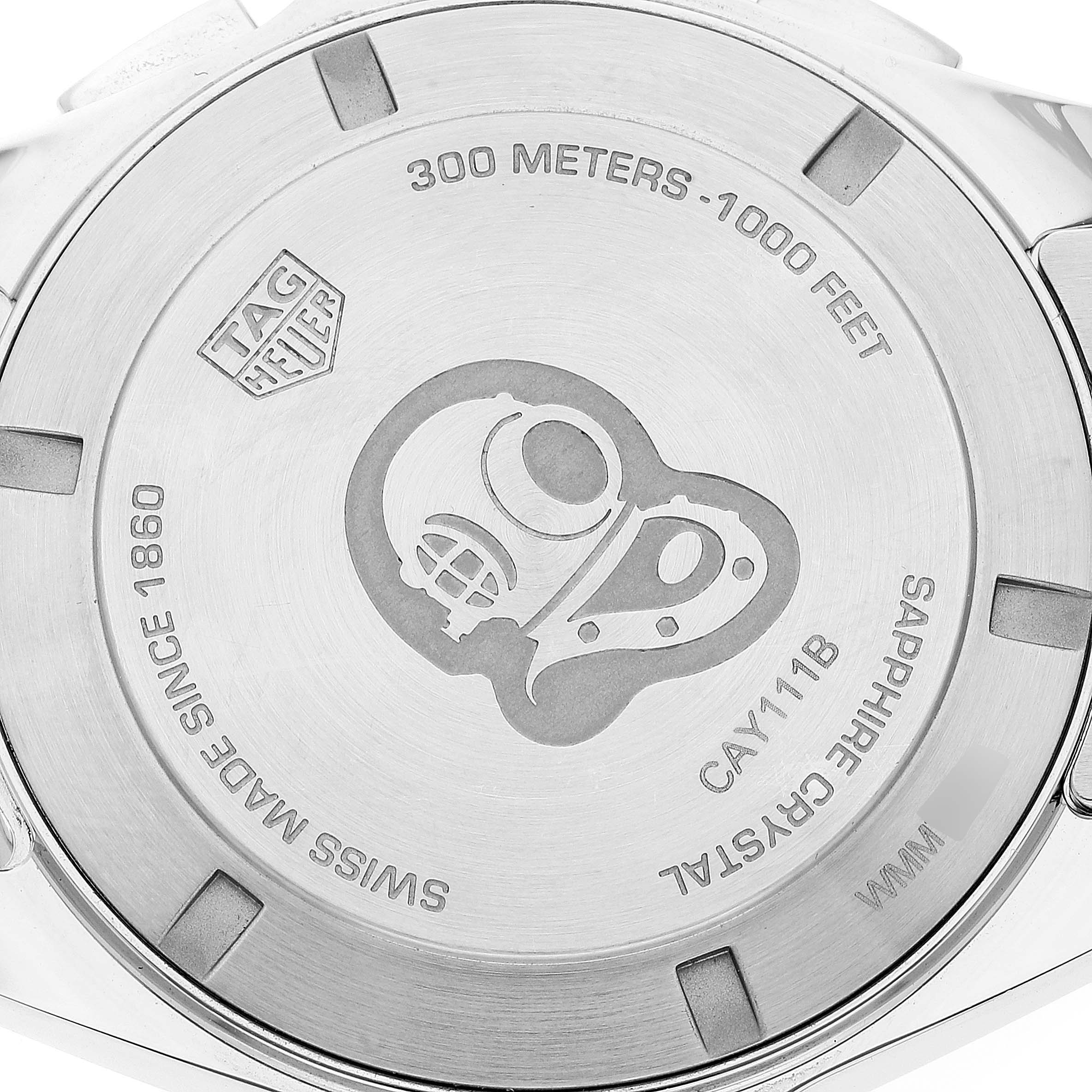 This image shows the back view of the Tag Heuer Aquaracer CAY111B.BA0927 Men's Stainless Steel Blue Dial CAY111B.BA0927 Men's Stainless Steel Blue Dial watch, featuring its case back engravings and branding.