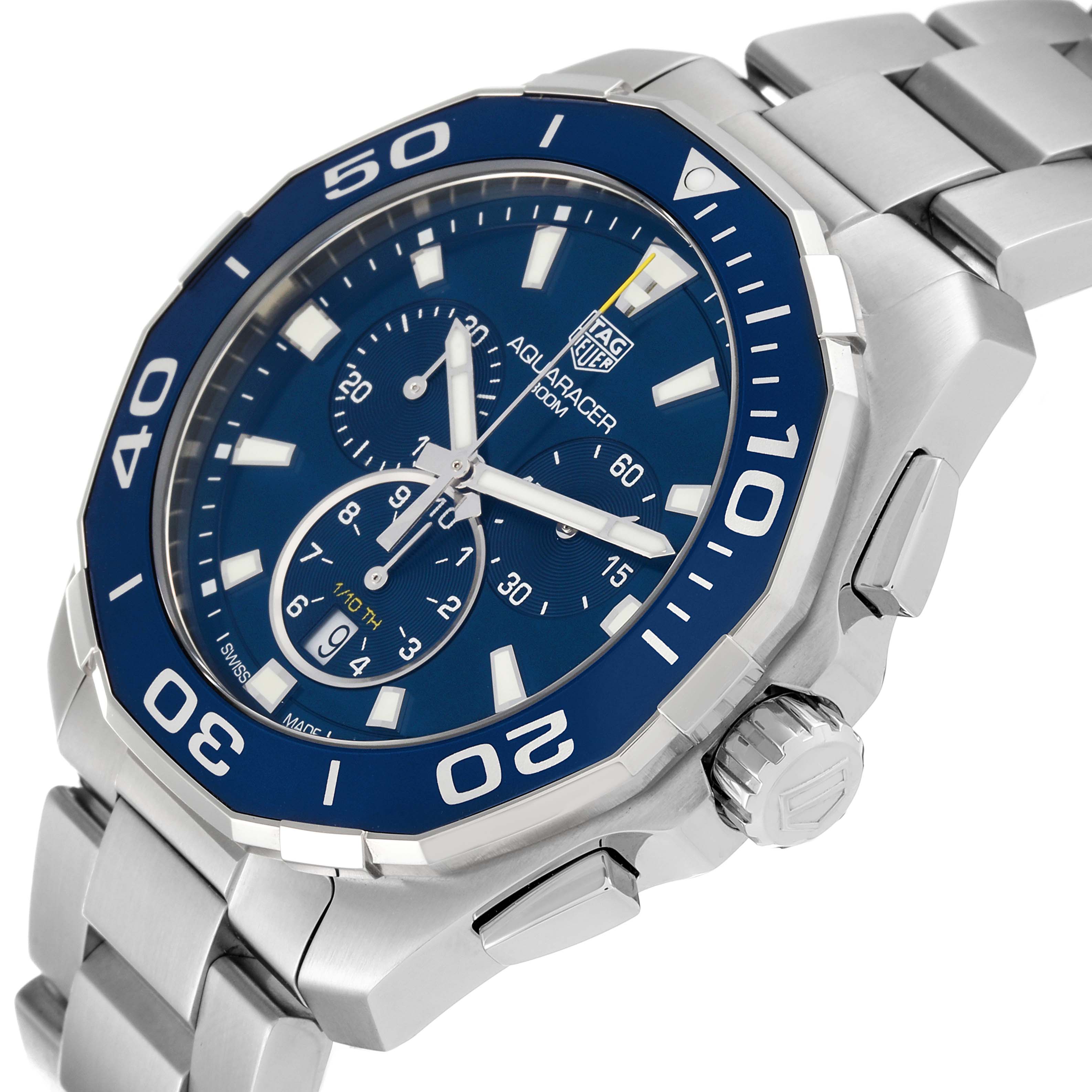 The image shows a close-up angle of the Tag Heuer Aquaracer CAY111B.BA0927 Men's Stainless Steel Blue Dial CAY111B.BA0927 Men's Stainless Steel Blue Dial watch, highlighting its blue dial, bezel, and stainless steel bracelet.