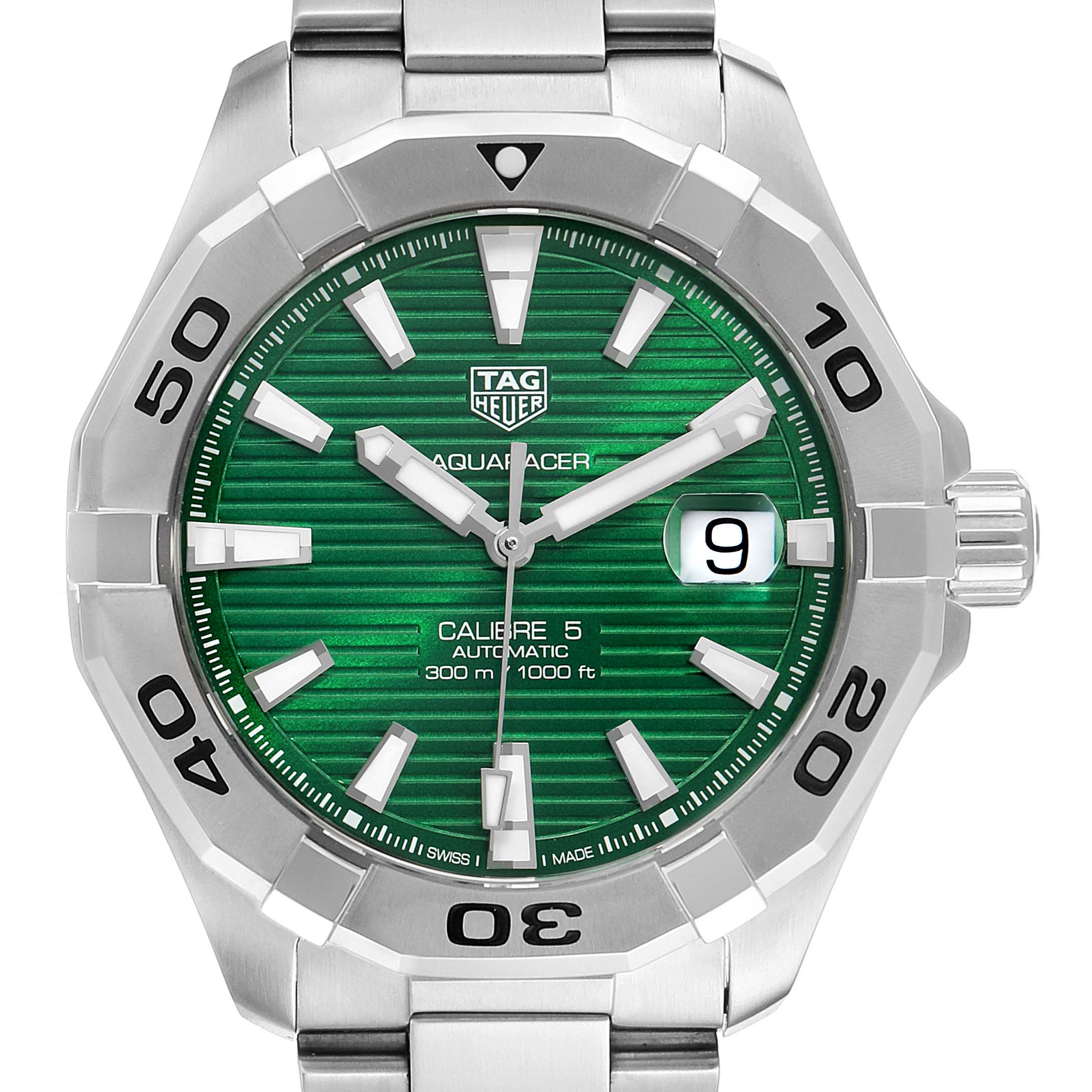 The image shows a front view of the Tag Heuer Aquaracer WAY2015.BA0927 Men's Stainless Steel Green Dial WAY2015.BA0927 Men's Stainless Steel Green Dial watch with a green dial and a silver bracelet.