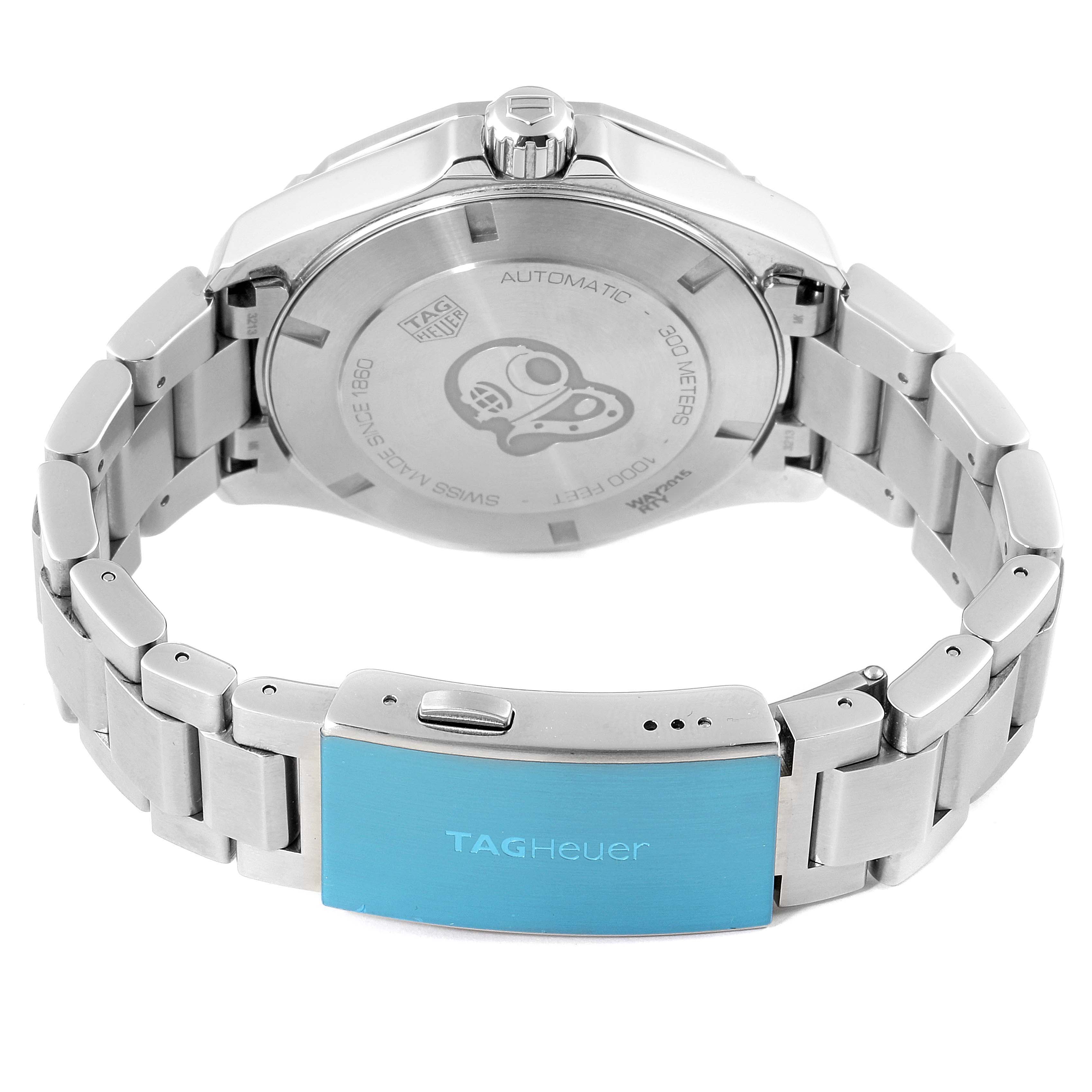 The image shows the back case and bracelet of a Tag Heuer Aquaracer WAY2015.BA0927 Men's Stainless Steel Green Dial WAY2015.BA0927 Men's Stainless Steel Green Dial watch, focused on the clasp and case back engraving.