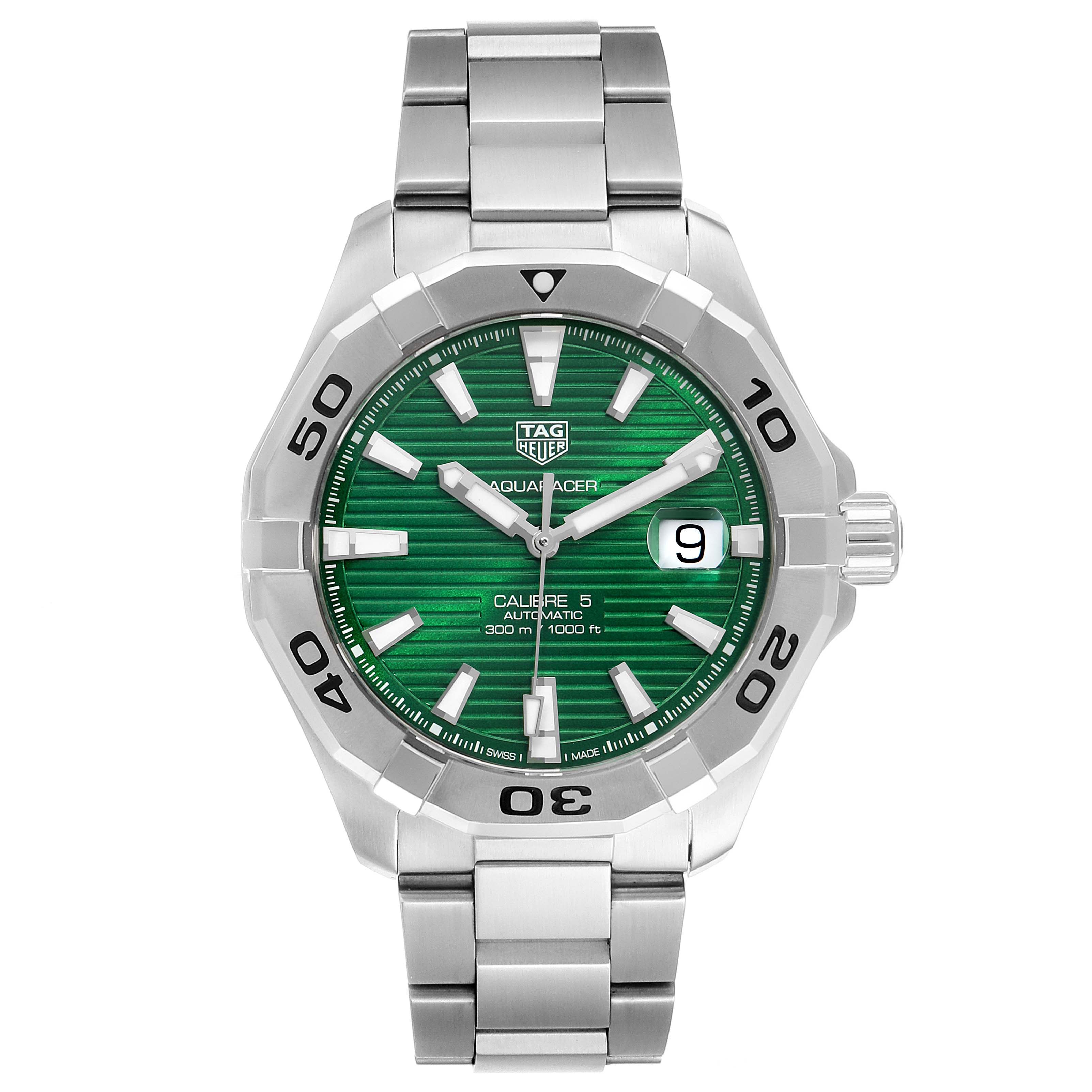The Tag Heuer Aquaracer WAY2015.BA0927 Men's Stainless Steel Green Dial WAY2015.BA0927 Men's Stainless Steel Green Dial watch is shown from a front angle, displaying the dial, bezel, hands, and bracelet.