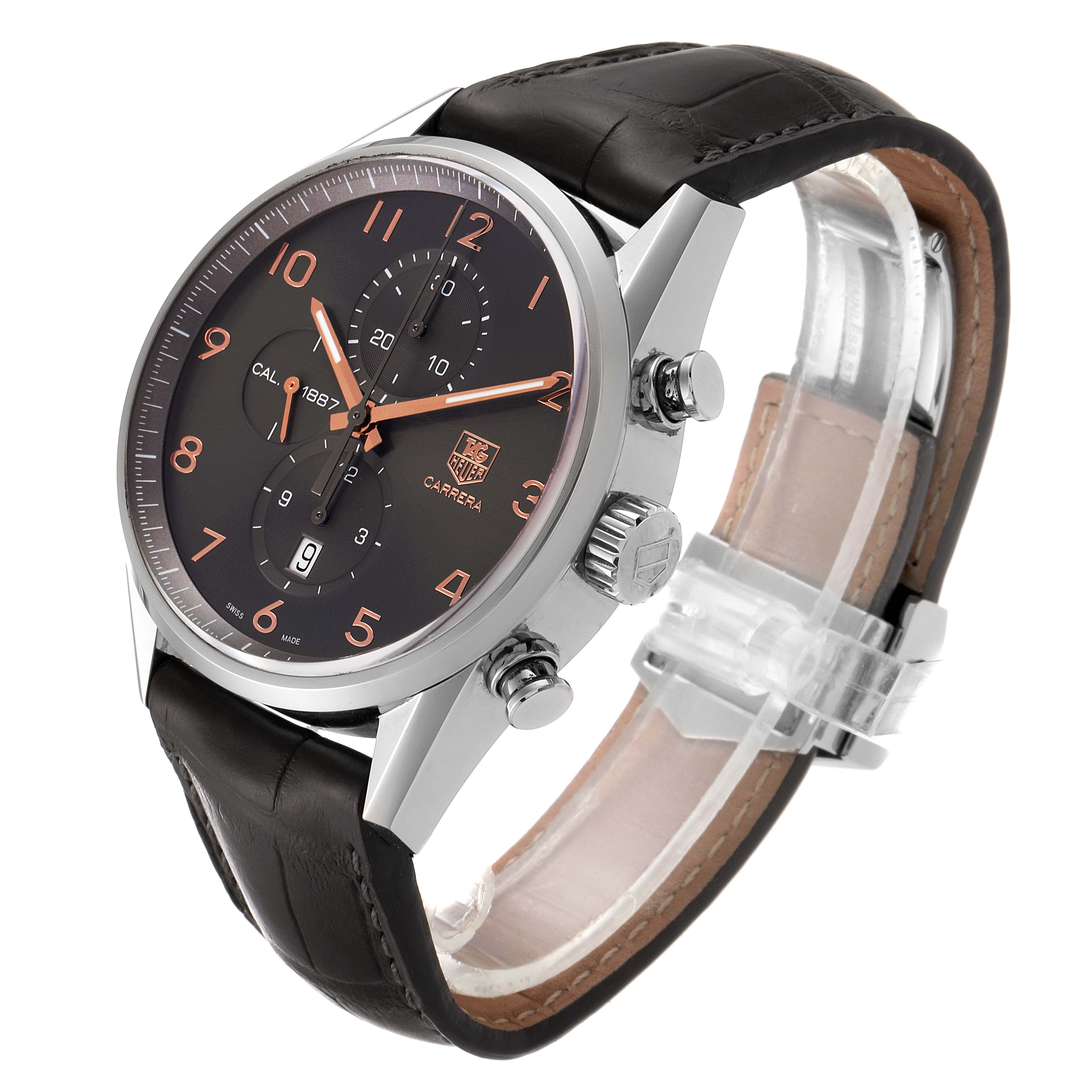 The Tag Heuer Carrera CAR2013.FC6313 Men's Stainless Steel Black Dial CAR2013.FC6313 Men's Stainless Steel Black Dial watch is shown at an angled side view, highlighting the dial, crown, pushers, and leather strap.