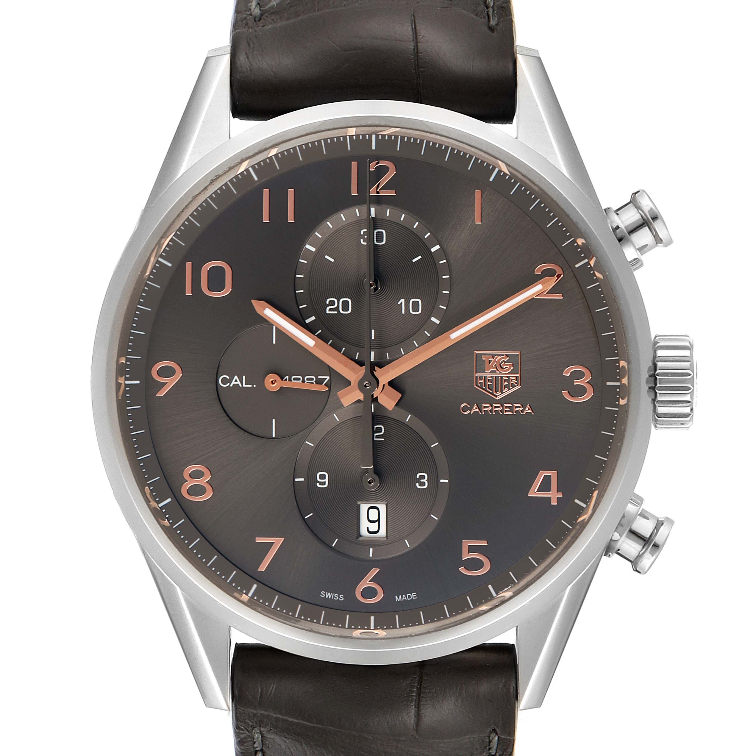 The image shows the face and partial strap of a Tag Heuer Carrera CAR2013.FC6313 Men's Stainless Steel Black Dial CAR2013.FC6313 Men's Stainless Steel Black Dial watch from a front angle.