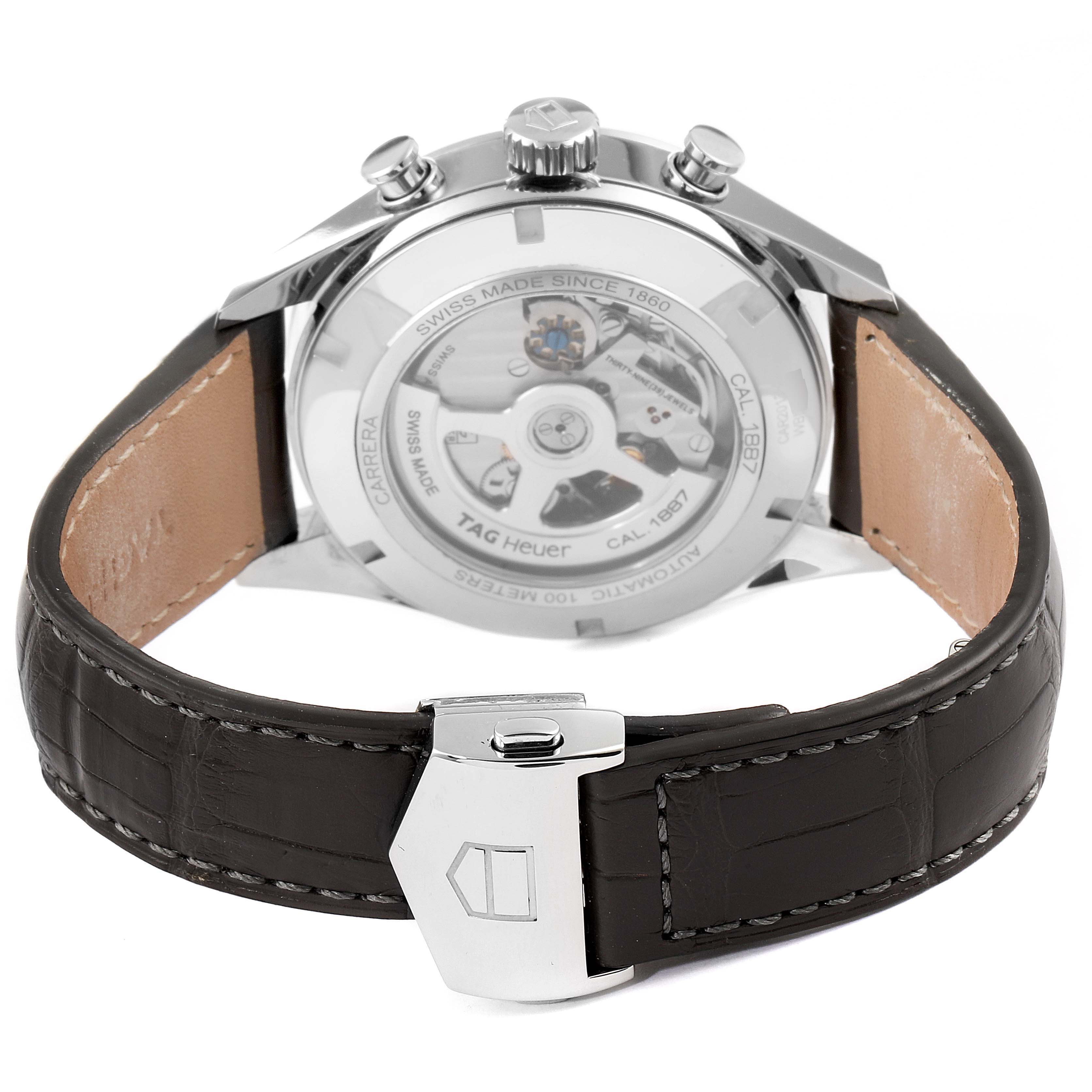 The image shows the back view of a Tag Heuer Carrera CAR2013.FC6313 Men's Stainless Steel Black Dial CAR2013.FC6313 Men's Stainless Steel Black Dial watch, highlighting the case back and leather strap.