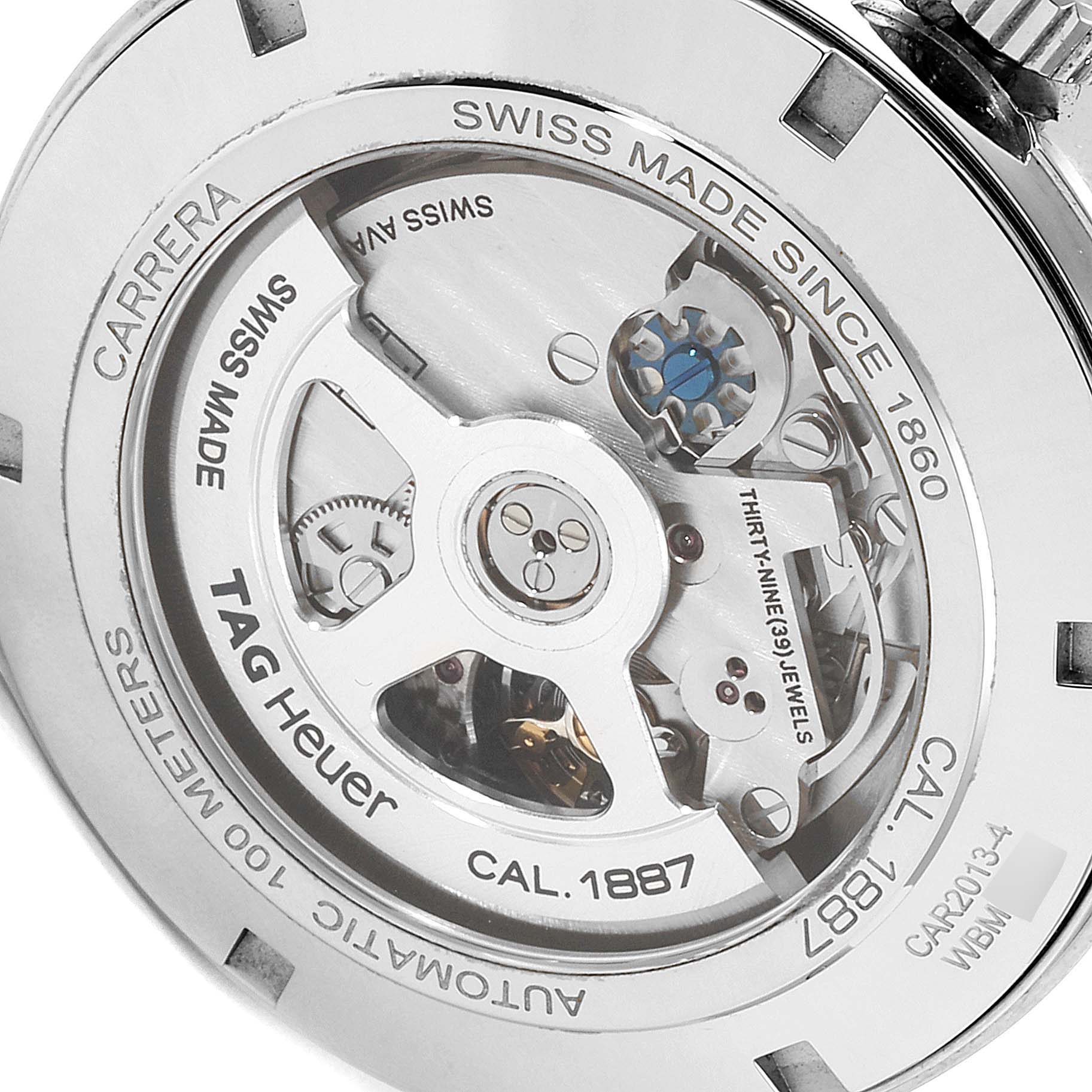 The image shows a close-up of the back side of a Tag Heuer Carrera CAR2013.FC6313 Men's Stainless Steel Black Dial CAR2013.FC6313 Men's Stainless Steel Black Dial watch, revealing its internal automatic movement.