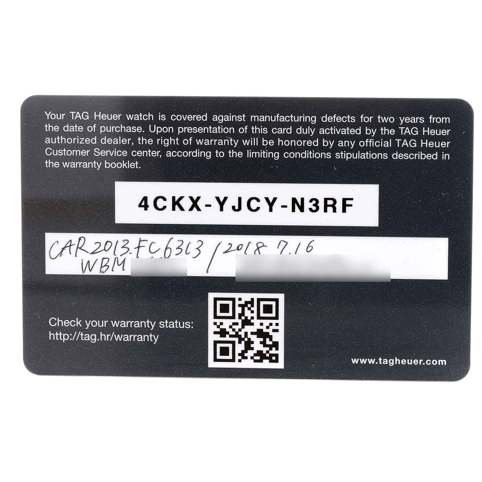 The image shows a warranty card for the Tag Heuer Carrera CAR2013.FC6313 Men's Stainless Steel Black Dial CAR2013.FC6313 Men's Stainless Steel Black Dial model watch.