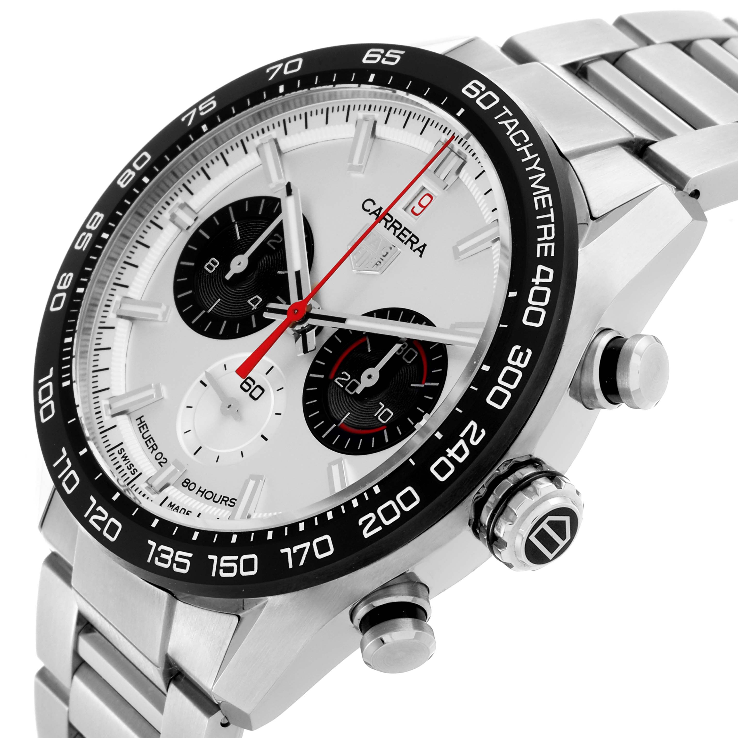 The Tag Heuer Carrera CBN2A1D.BA0643 Men's Stainless Steel Silver Dial CBN2A1D.BA0643 Men's Stainless Steel Silver Dial watch is shown at a slight angle, highlighting the face, bezel, and side pushers.