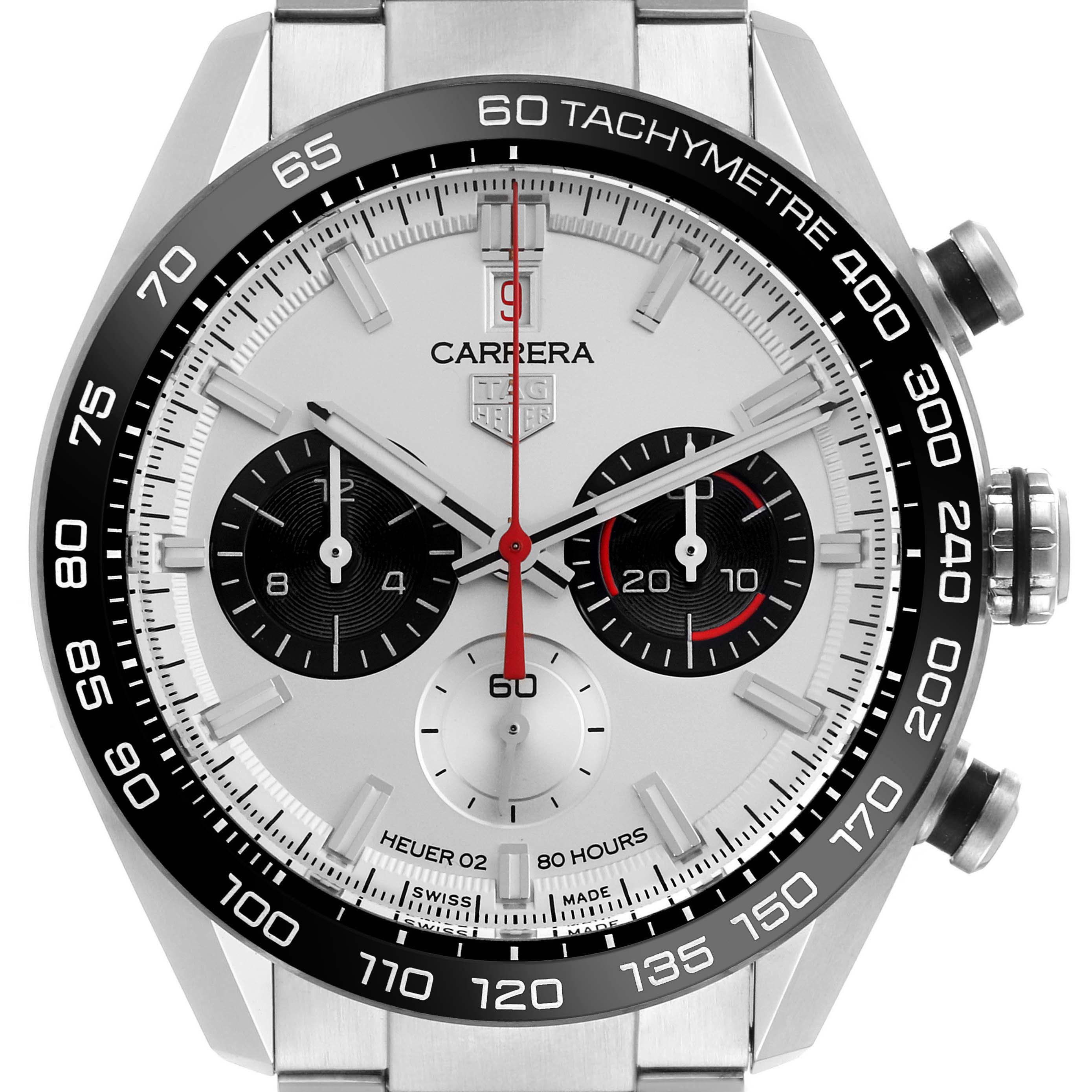 The Tag Heuer Carrera CBN2A1D.BA0643 Men's Stainless Steel Silver Dial CBN2A1D.BA0643 Men's Stainless Steel Silver Dial model is shown from the front, displaying the face, tachymeter scale, and chronograph dials.