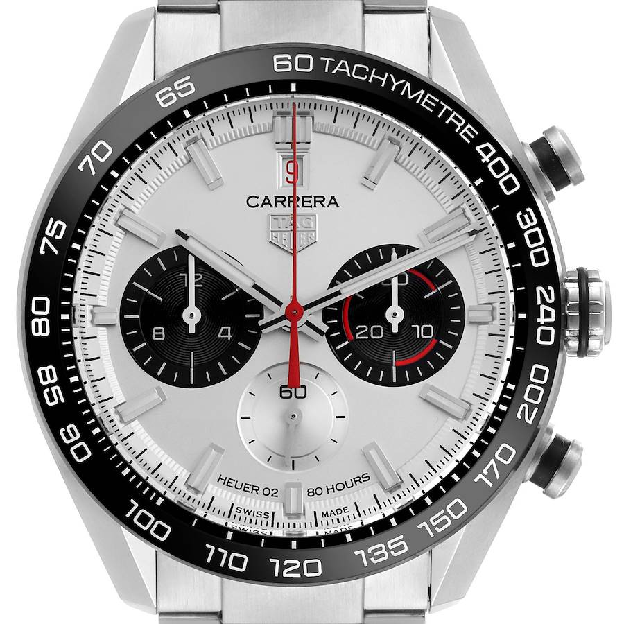 The TAG Heuer Carrera model is shown from the front, displaying the face, tachymeter scale, and chronograph dials.