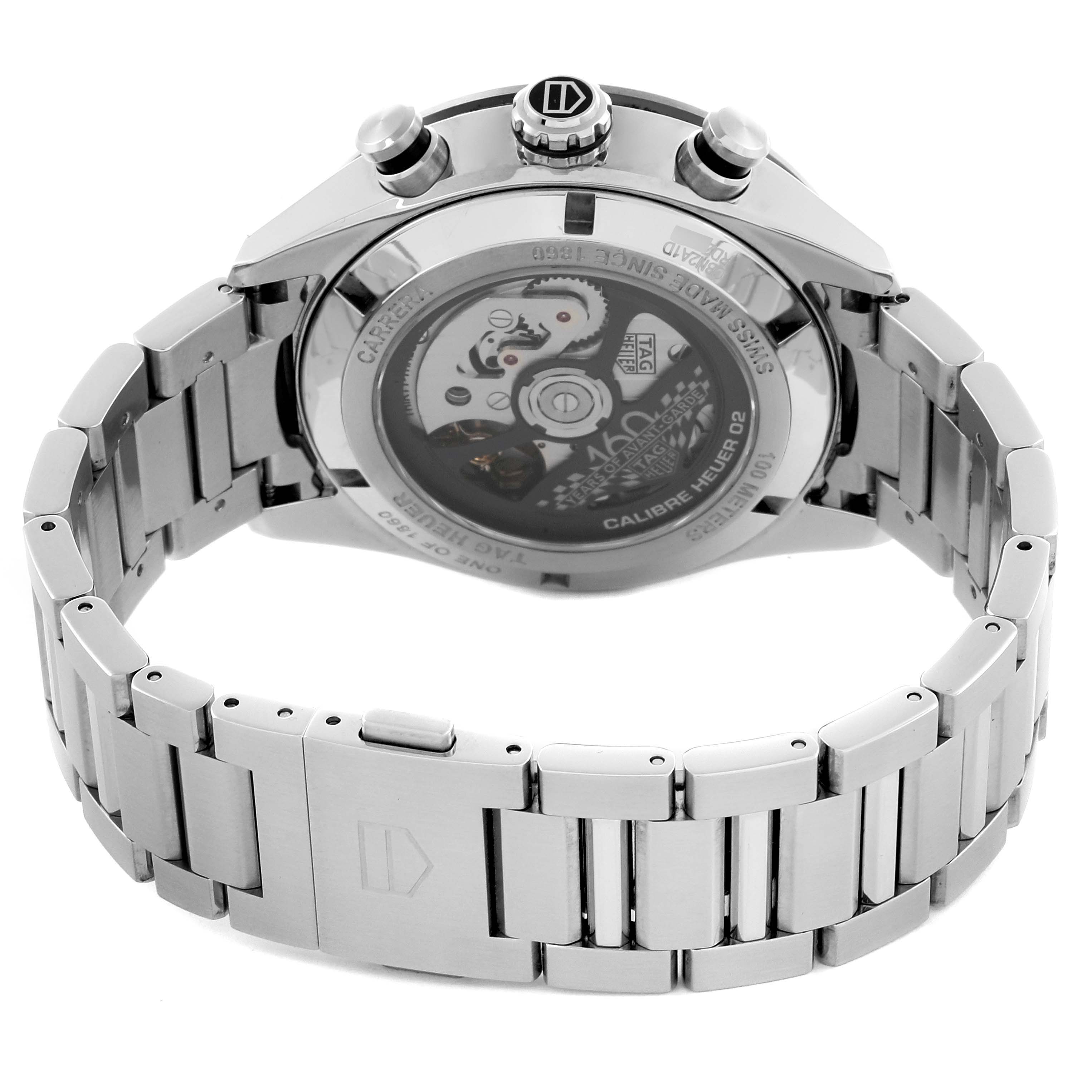 The image shows the back view of a Tag Heuer Carrera CBN2A1D.BA0643 Men's Stainless Steel Silver Dial CBN2A1D.BA0643 Men's Stainless Steel Silver Dial watch, highlighting its stainless steel bracelet and transparent case back.